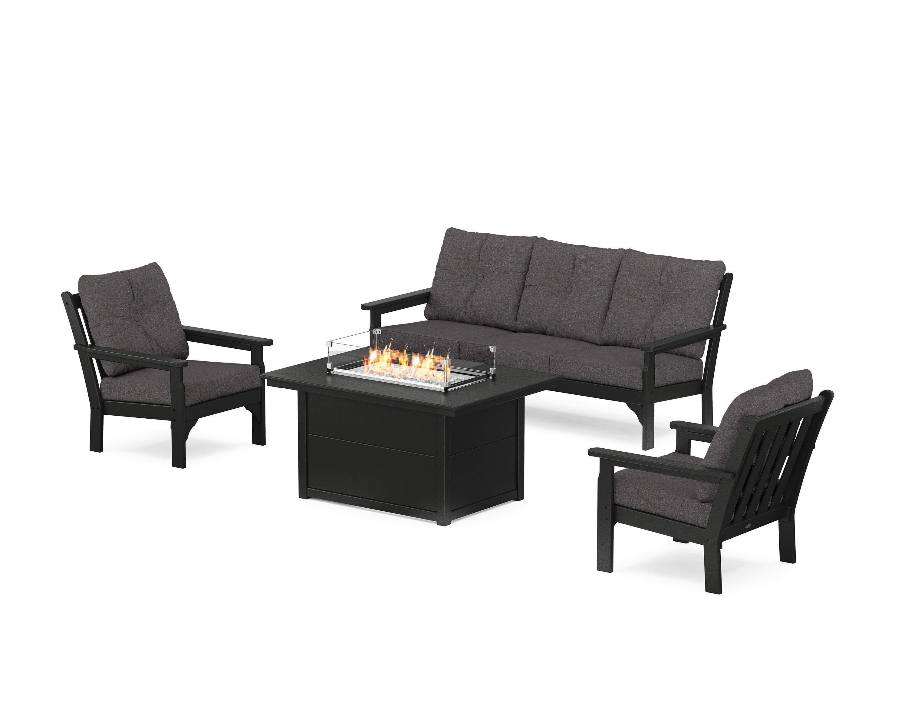 Vineyard Deep Seating Fire Pit Table Set in Black / Ash Charcoal