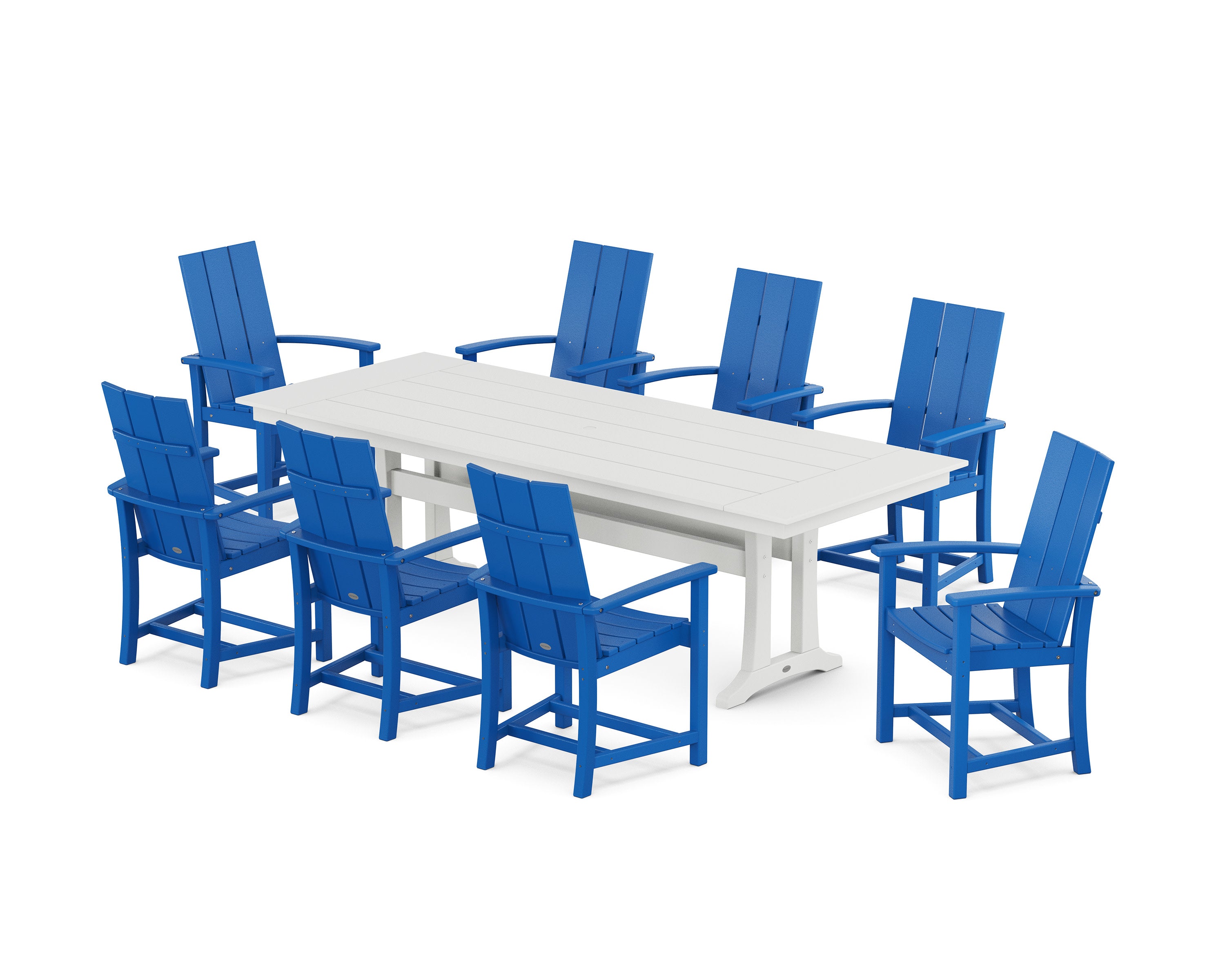 Modern Adirondack 9-Piece Farmhouse Dining Set with Trestle Legs in Pacific Blue / White