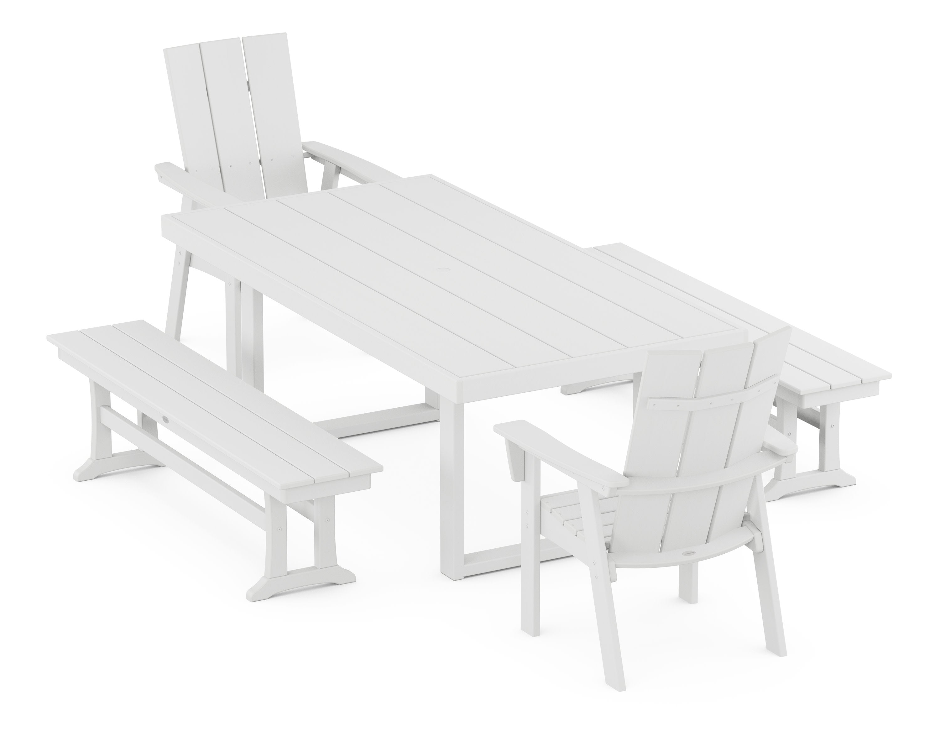 Modern Curveback Adirondack 5-Piece Dining Set with Benches in White