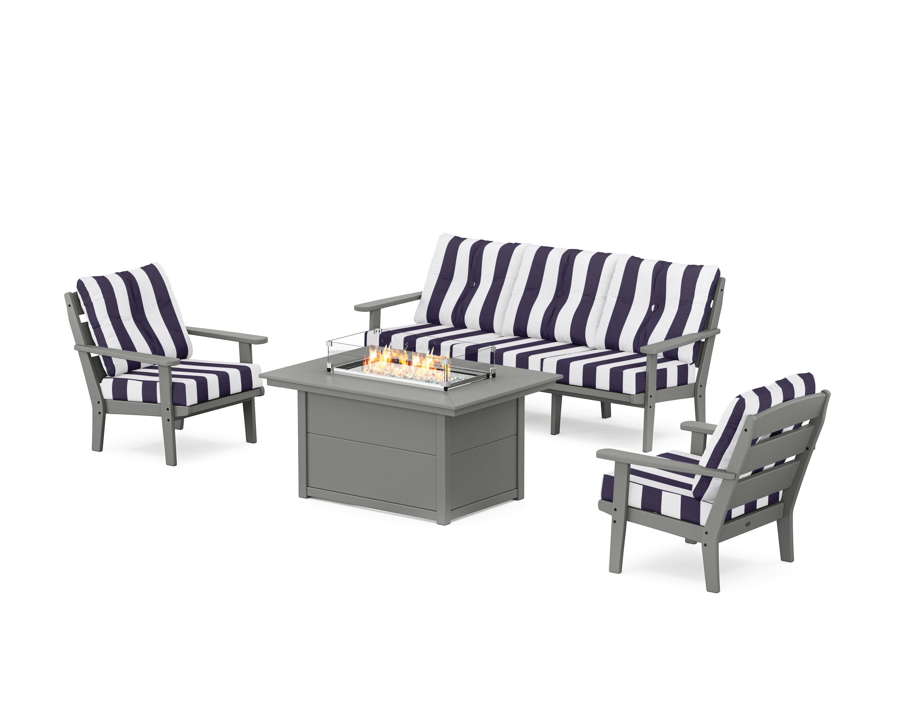 Lakeside Deep Seating Fire Pit Table Set in Slate Grey / Cabana Stripe Navy