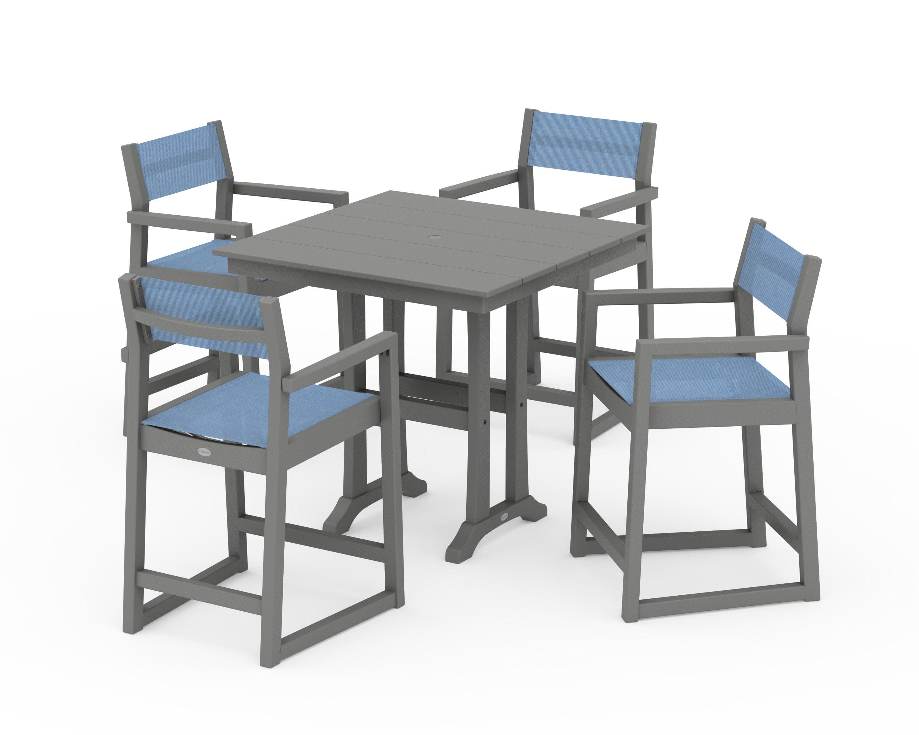EDGE Sling Arm Chair 5-Piece Farmhouse Counter Set with Trestle Legs in Slate Grey / Poolside Sling