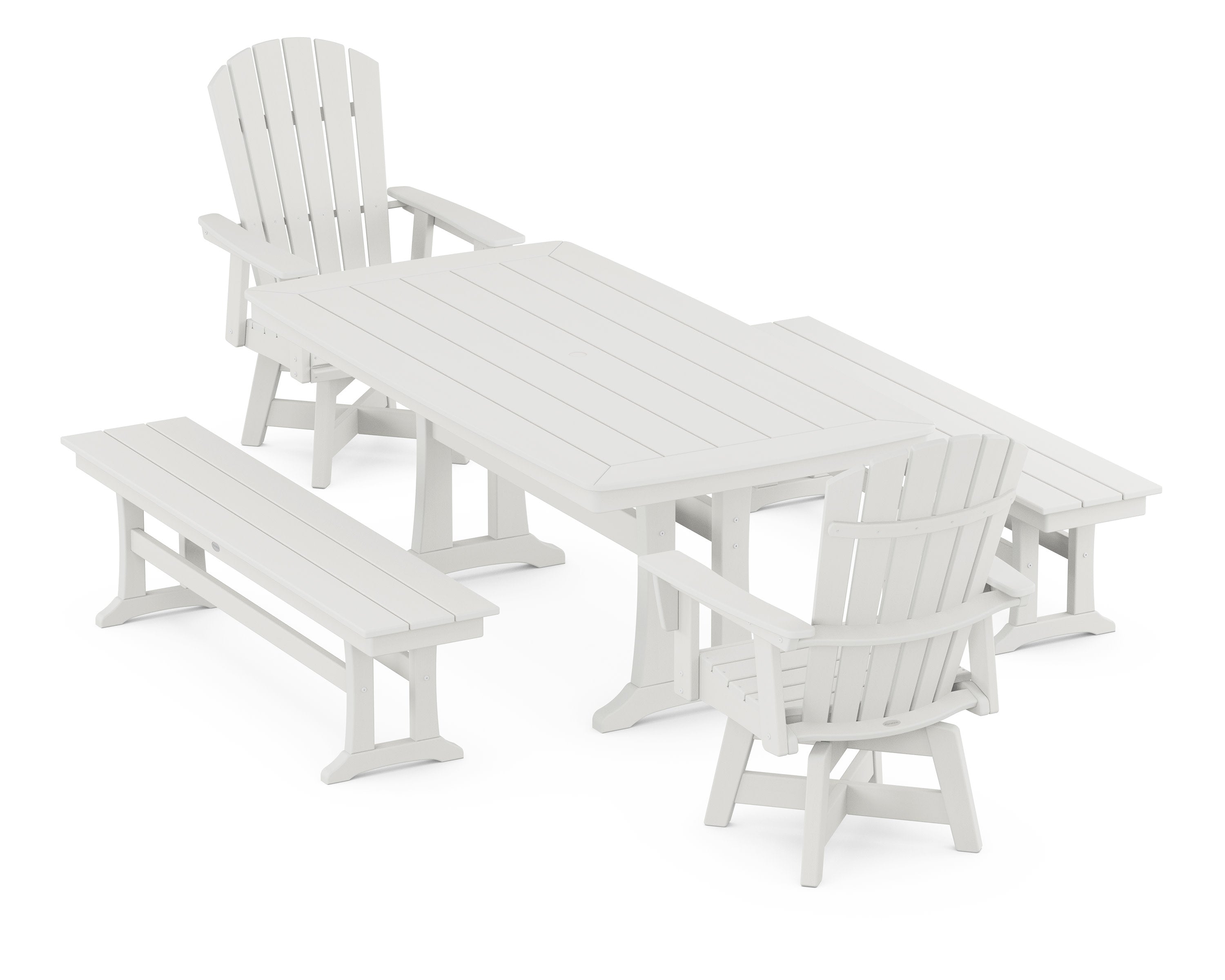 Nautical Curveback Adirondack Swivel Chair 5-Piece Dining Set with Trestle Legs and Benches in Vintage White