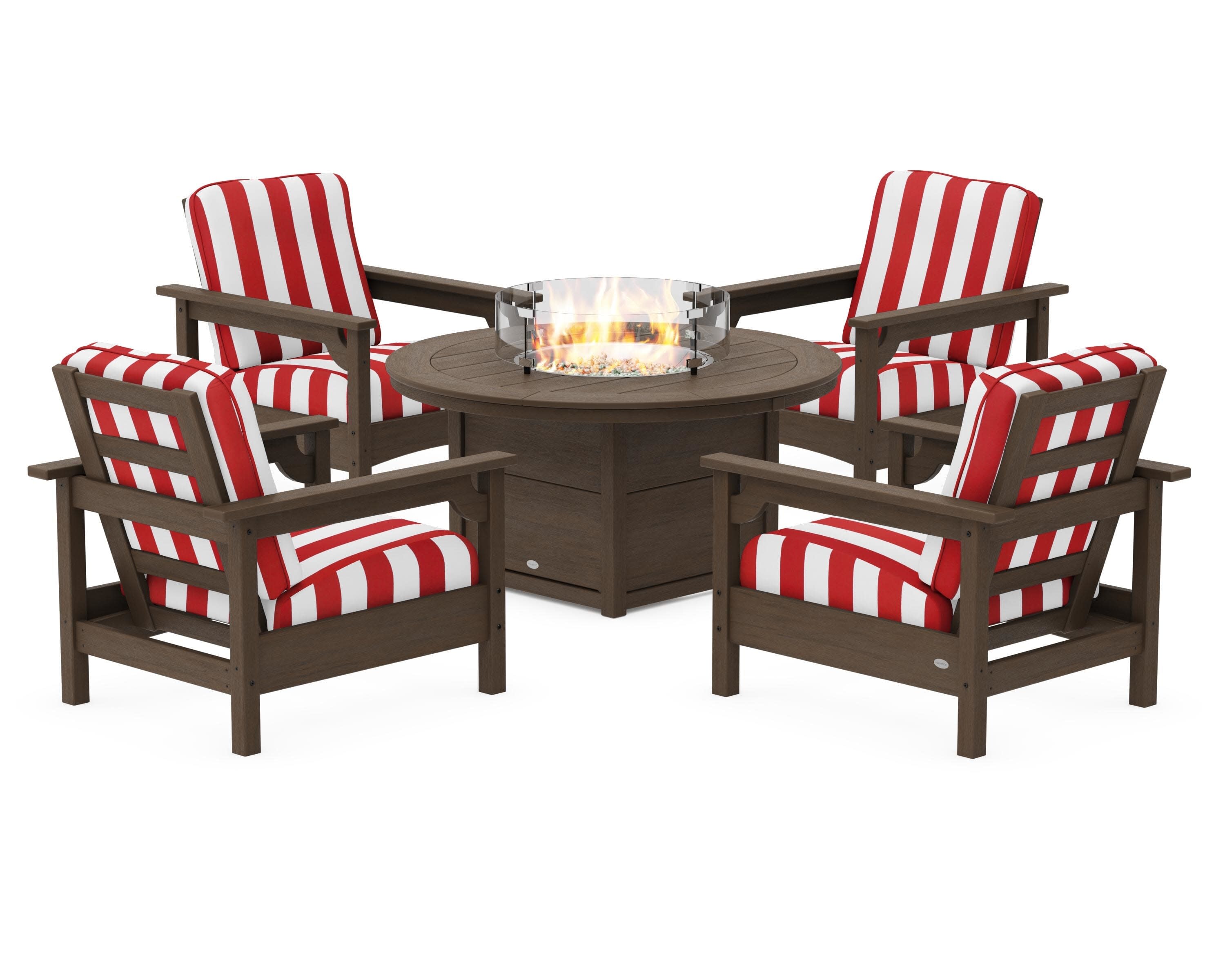 Club 5-Piece Conversation Set with Fire Pit Table in Kona / Cabana Stripe Crimson