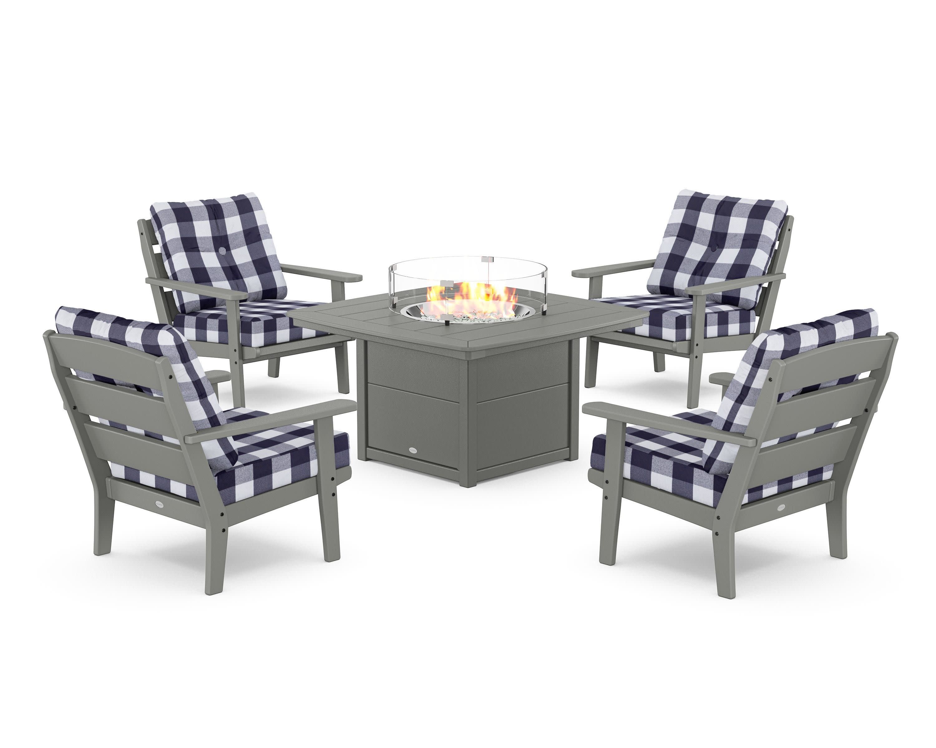 Lakeside 5-Piece Deep Seating Set with Nautical Fire Pit Table in Slate Grey / Buffalo Plaid Navy