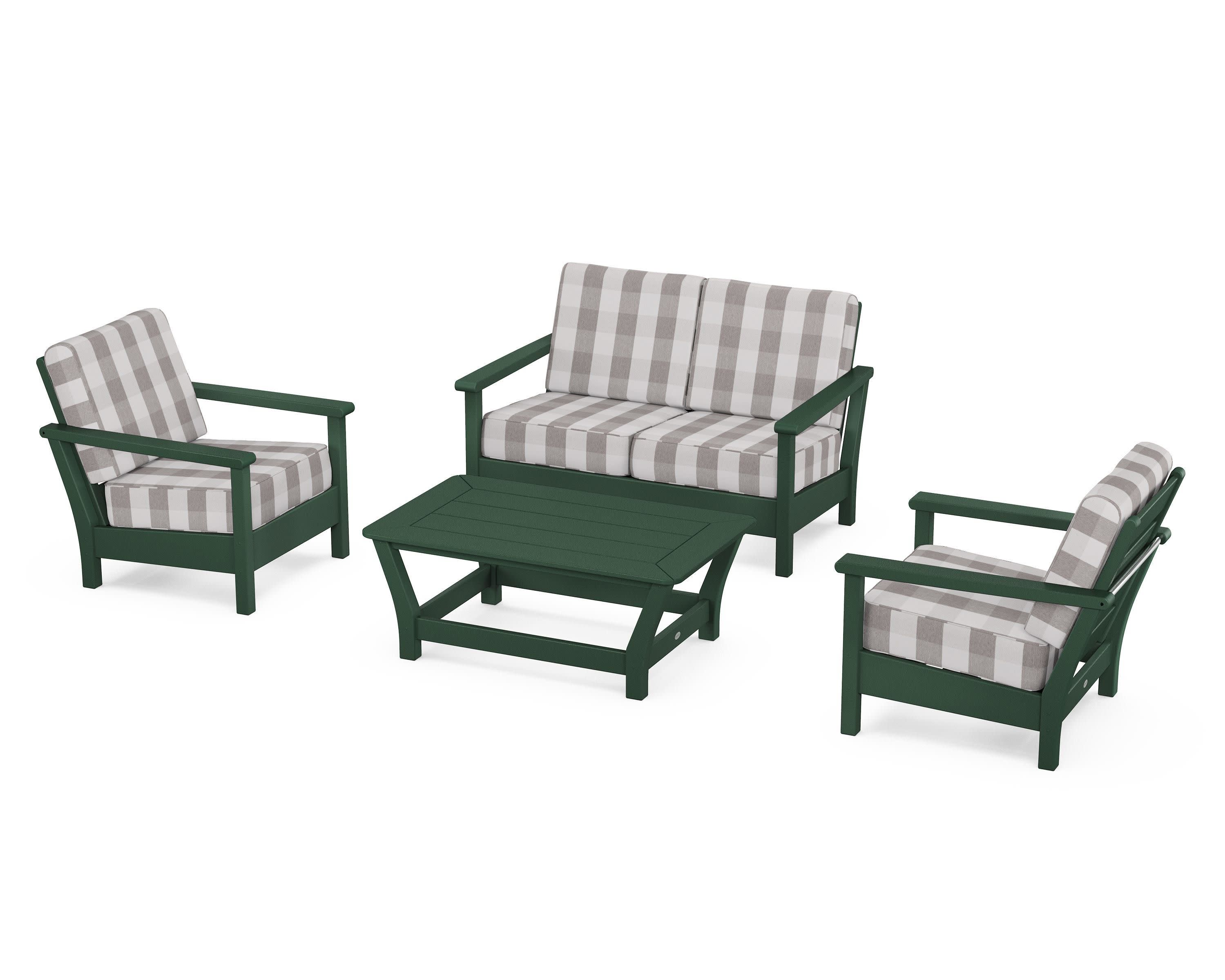 Harbour 4-Piece Deep Seating Set in Green / Buffalo Plaid Grey Mist