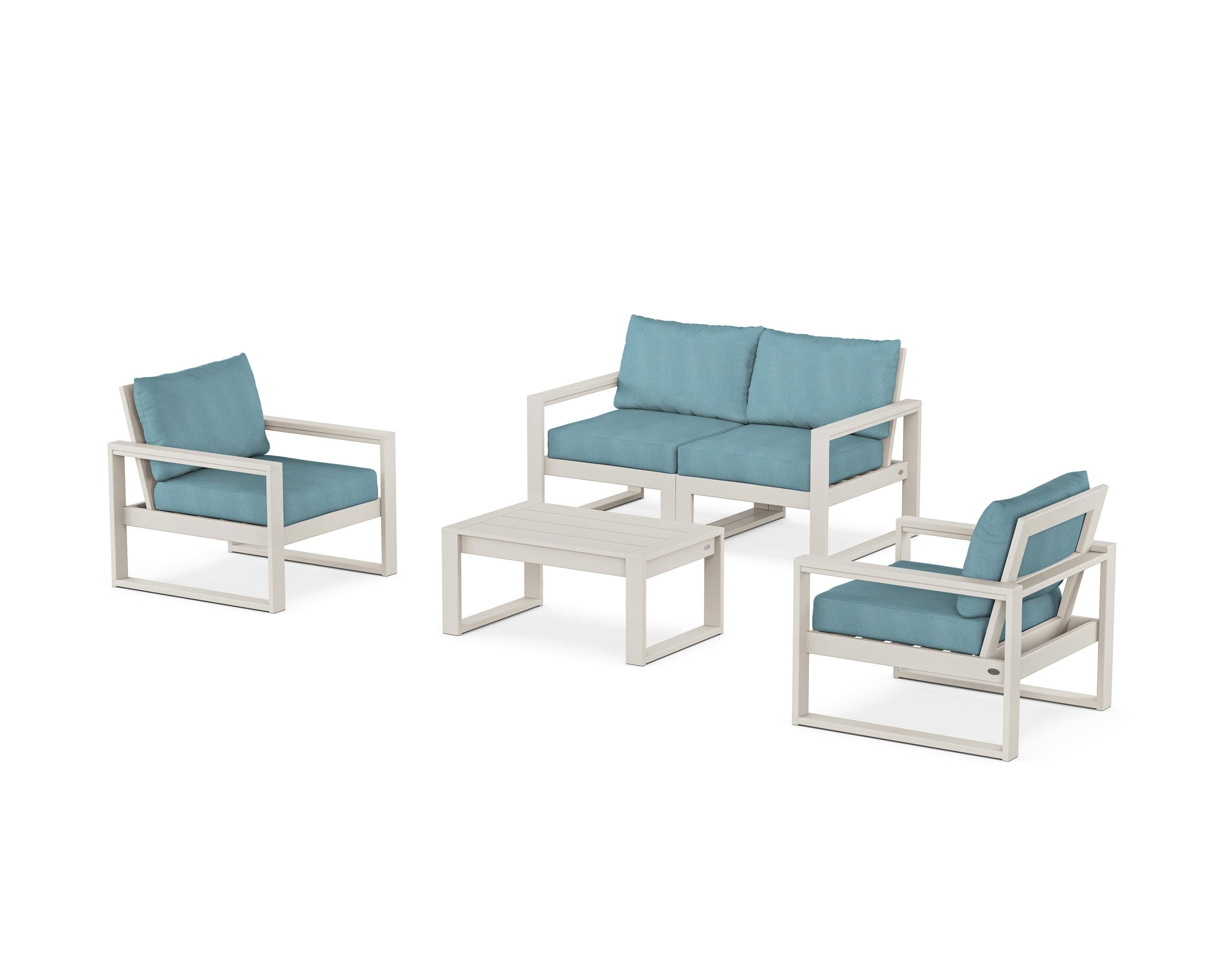 EDGE Sectional 4-Piece Deep Seating Set with Loveseat in Sand / Lattice Sky Blue