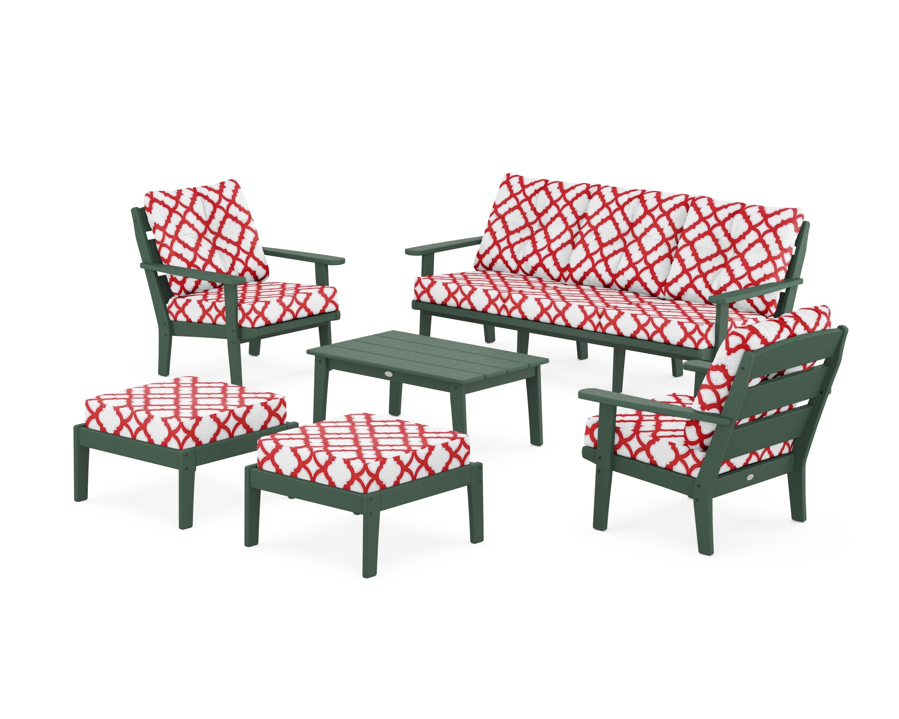 Lakeside 6-Piece Lounge Sofa Set in Green / Trellis Crimson