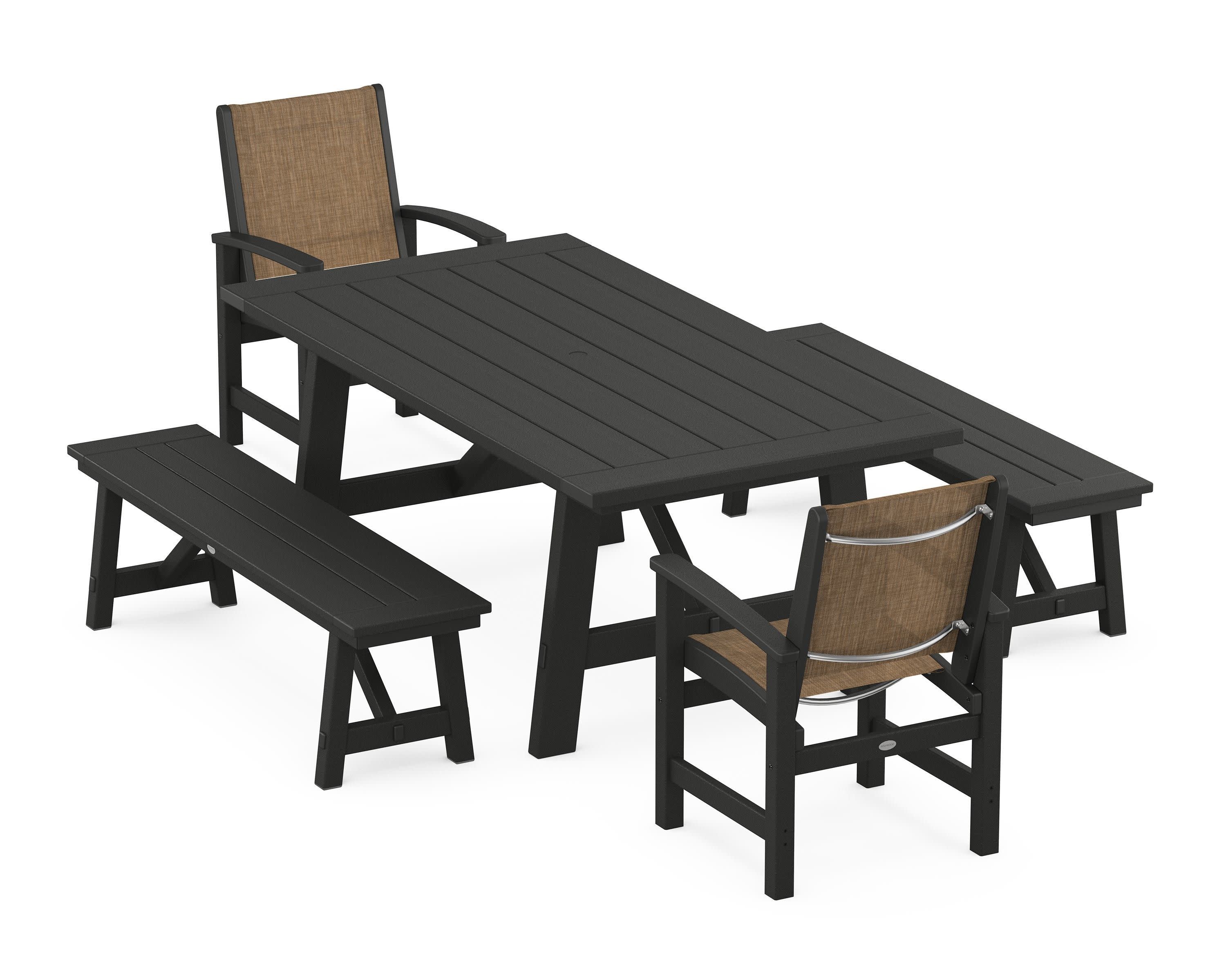 Coastal 5-Piece Rustic Farmhouse Dining Set With Benches in Black / Burlap Sling