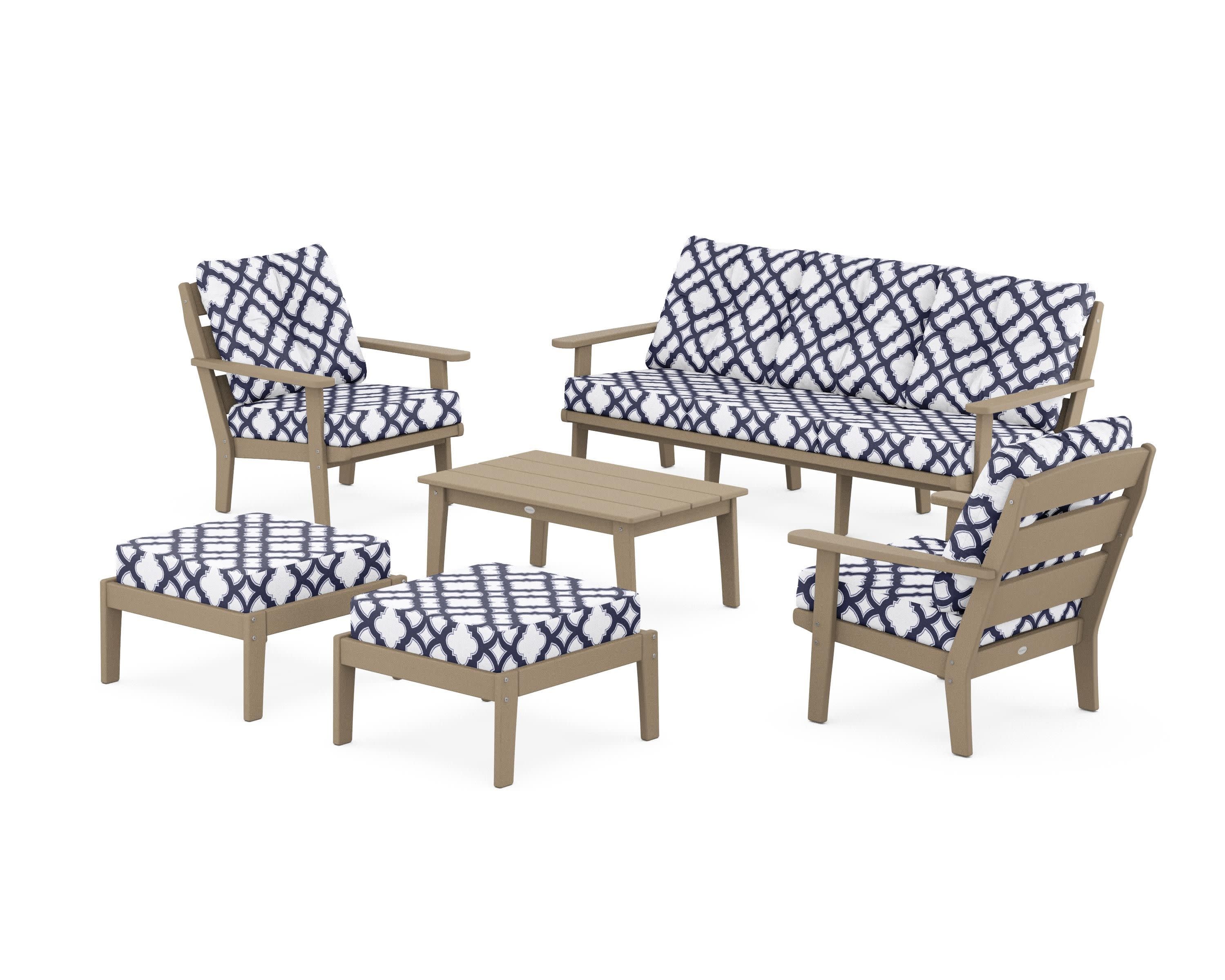 Lakeside 6-Piece Lounge Sofa Set in Vintage Sahara / Trellis Navy