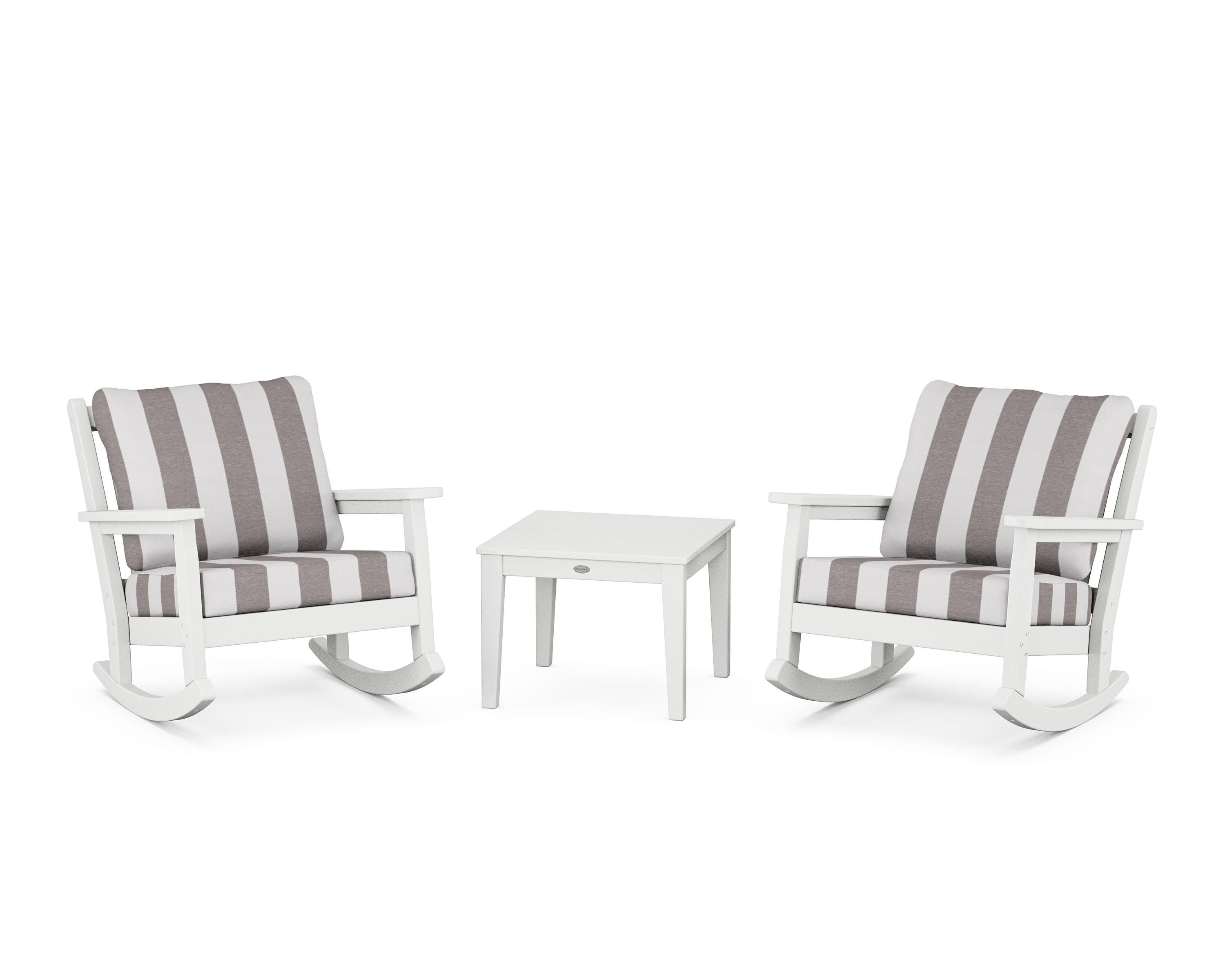 Chippendale 3-Piece Deep Seating Rocker Set in White / Cabana Stripe Grey Mist