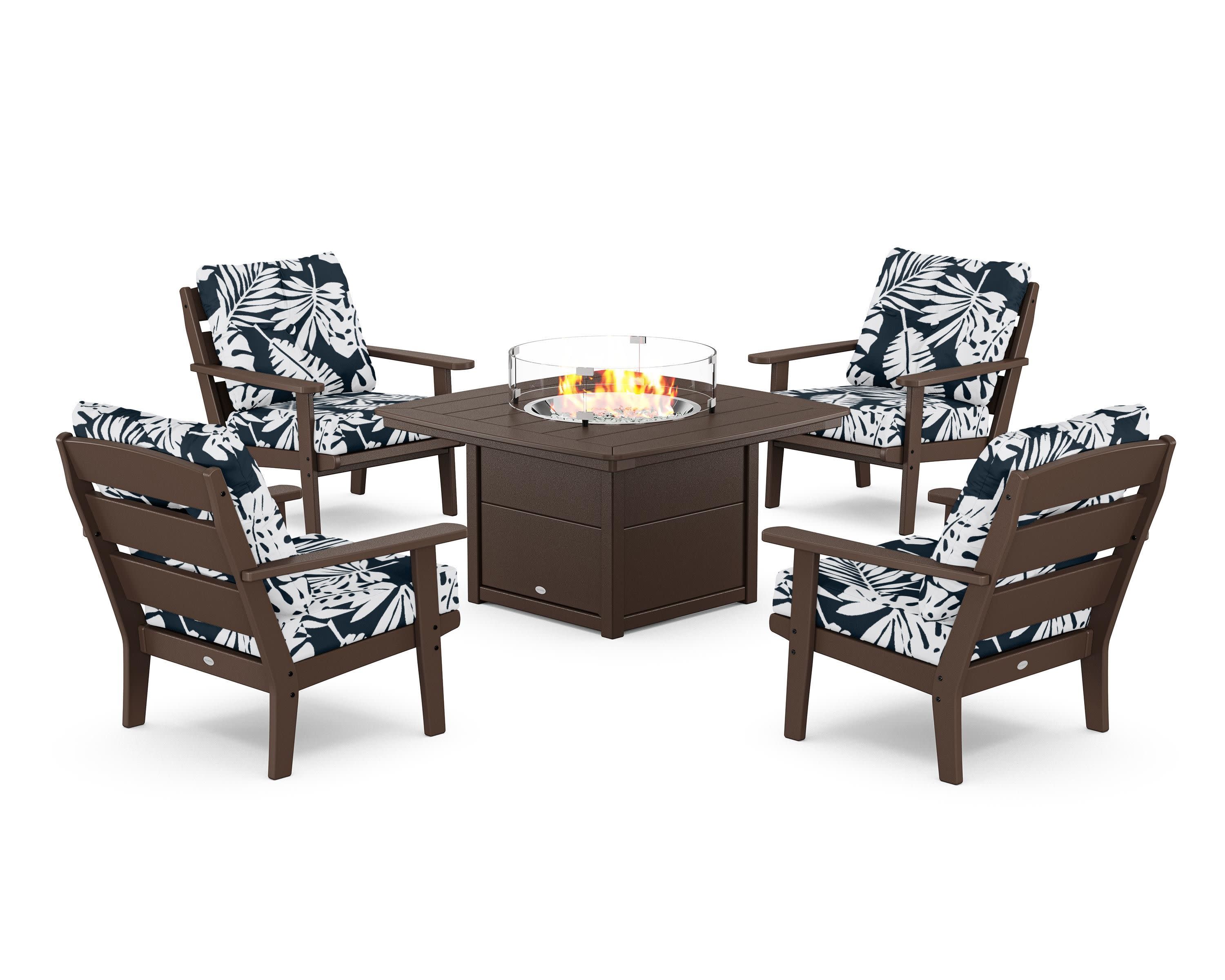 Lakeside 5-Piece Deep Seating Set with Nautical Fire Pit Table in Mahogany / Leaf Marine Indigo