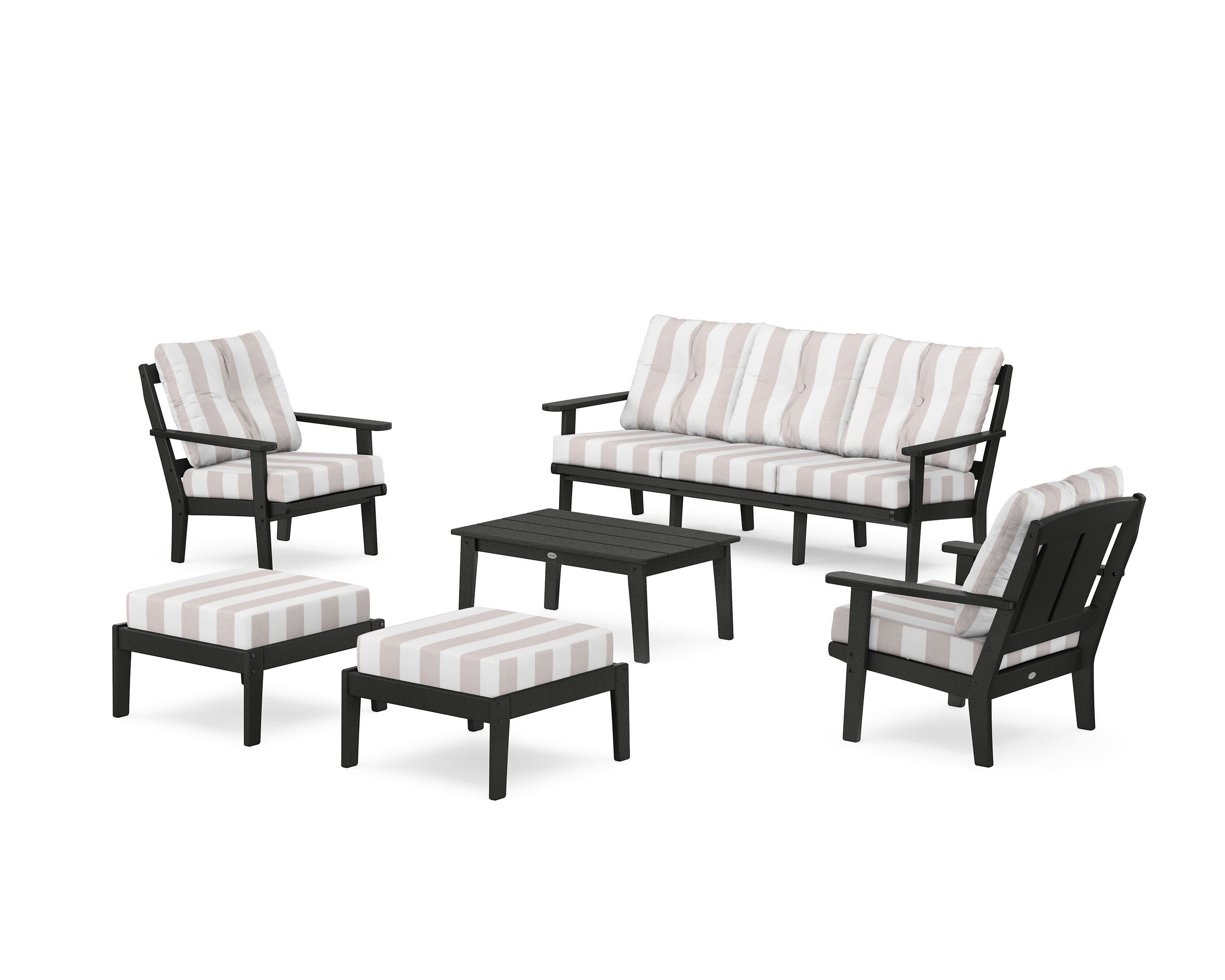 Mission 6-Piece Lounge Sofa Set in Black / Cabana Stripe Dune Burlap