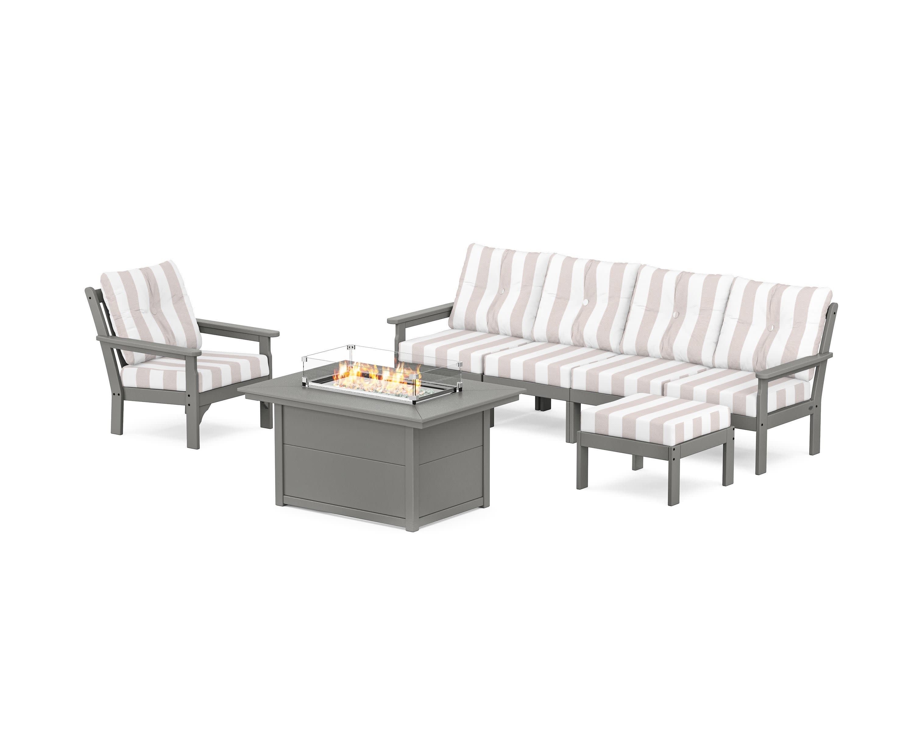 Vineyard Sectional Lounge and Fire Pit Set in Slate Grey / Cabana Stripe Dune Burlap