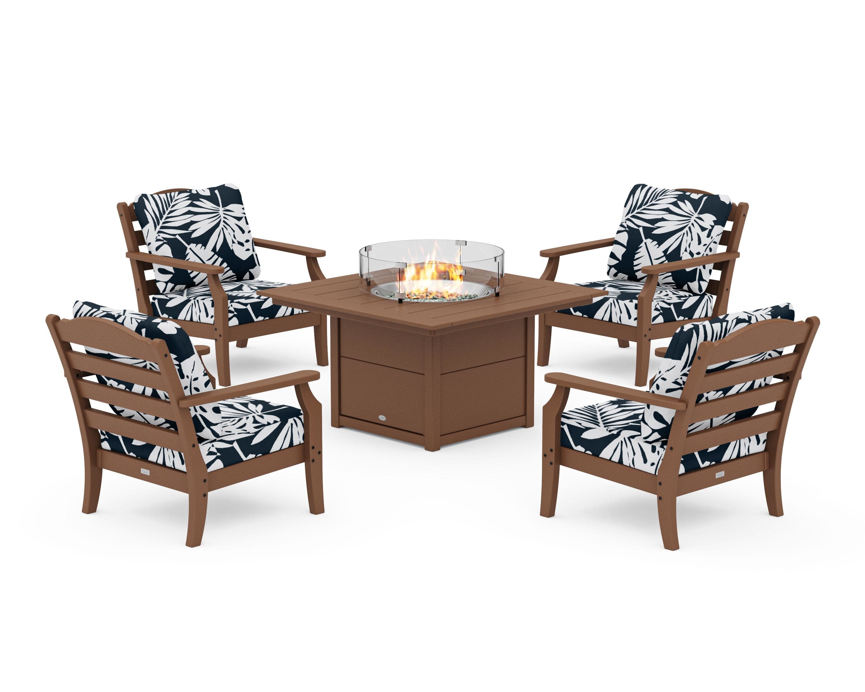 Savannah 5-Piece Deep Seating Set with Fire Pit Table in Teak / Leaf Marine Indigo