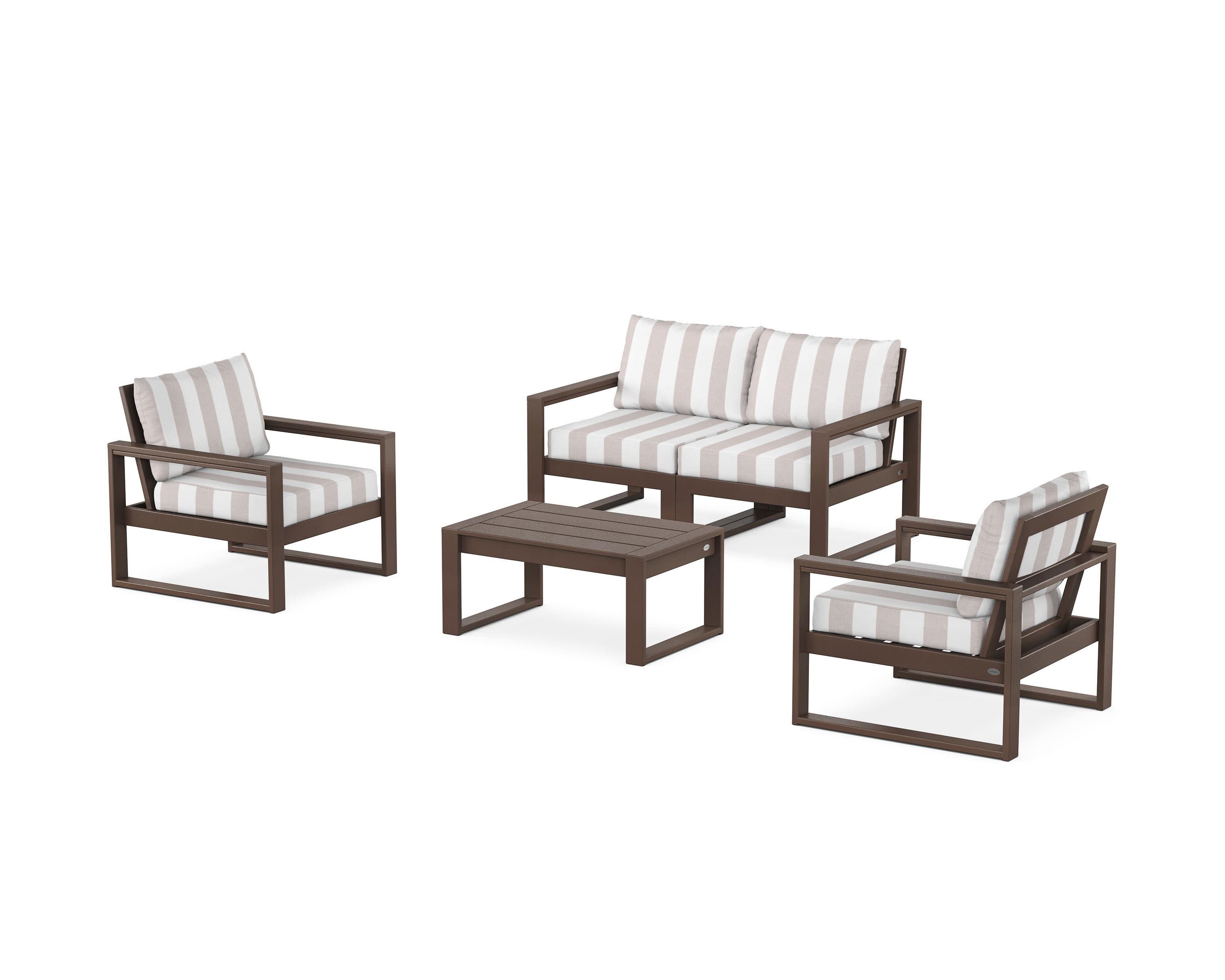 EDGE Sectional 4-Piece Deep Seating Set with Loveseat in Mahogany / Cabana Stripe Dune Burlap
