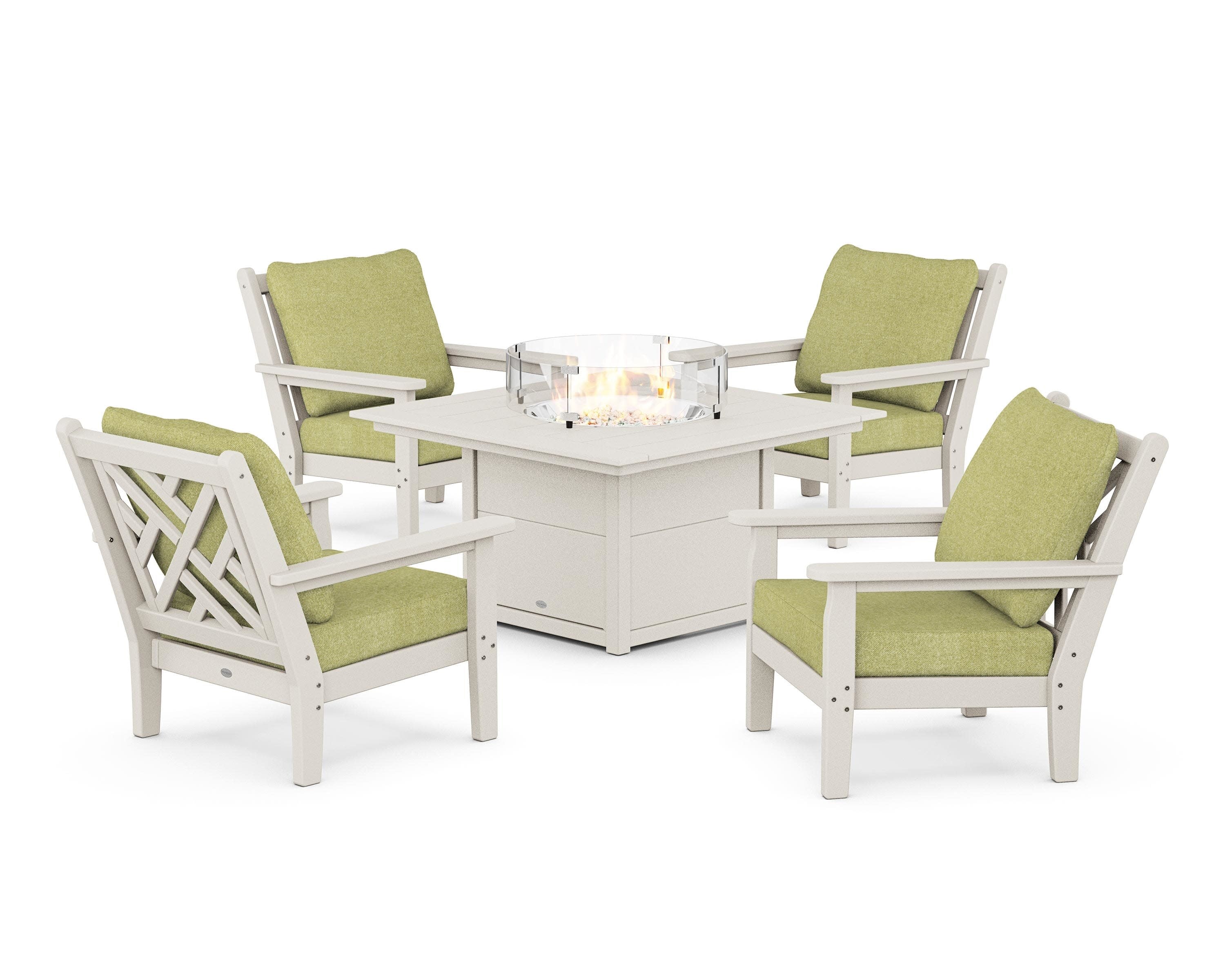 Chippendale 5-Piece Deep Seating Set with Fire Pit Table in Sand / Chartreuse Boucle