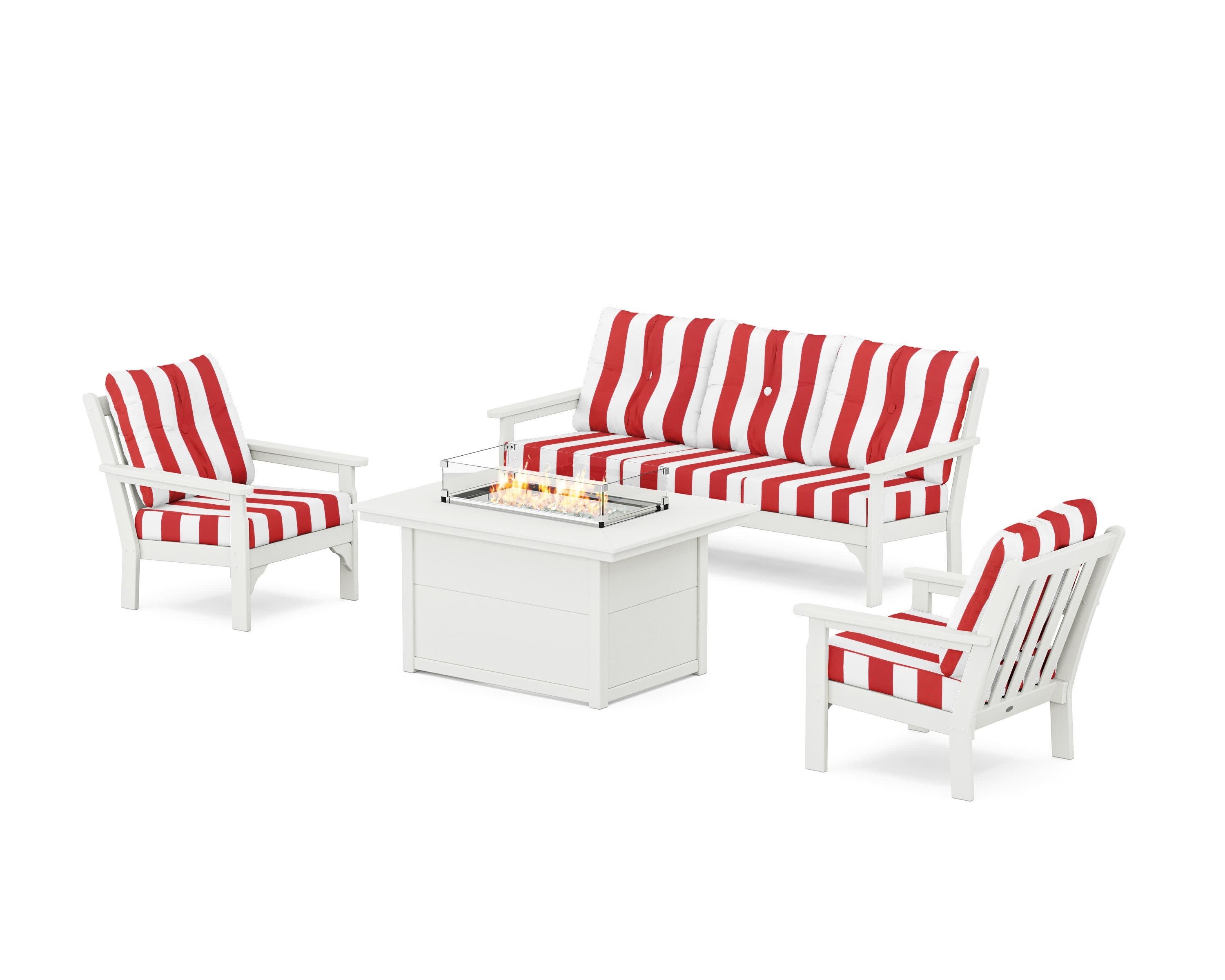 Vineyard Deep Seating Fire Pit Table Set in Vintage White / Cabana Stripe Crimson