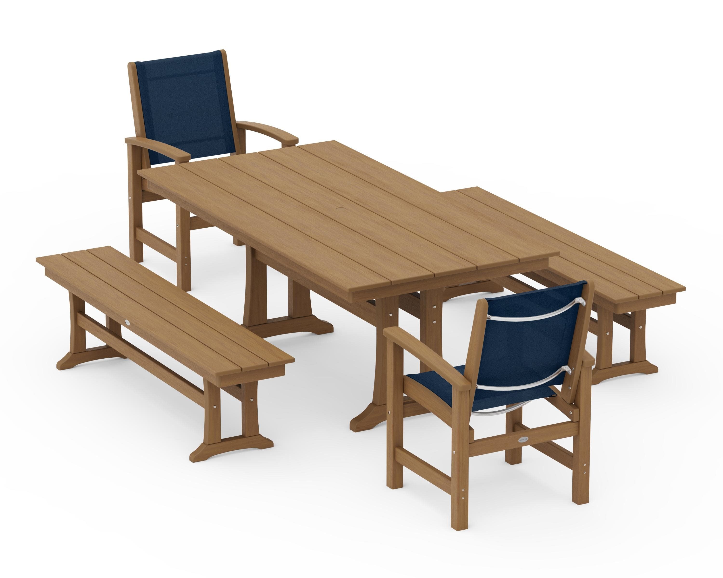 Coastal 5-Piece Farmhouse Dining Set with Trestle Legs and Benches in Natural / Navy Blue Sling