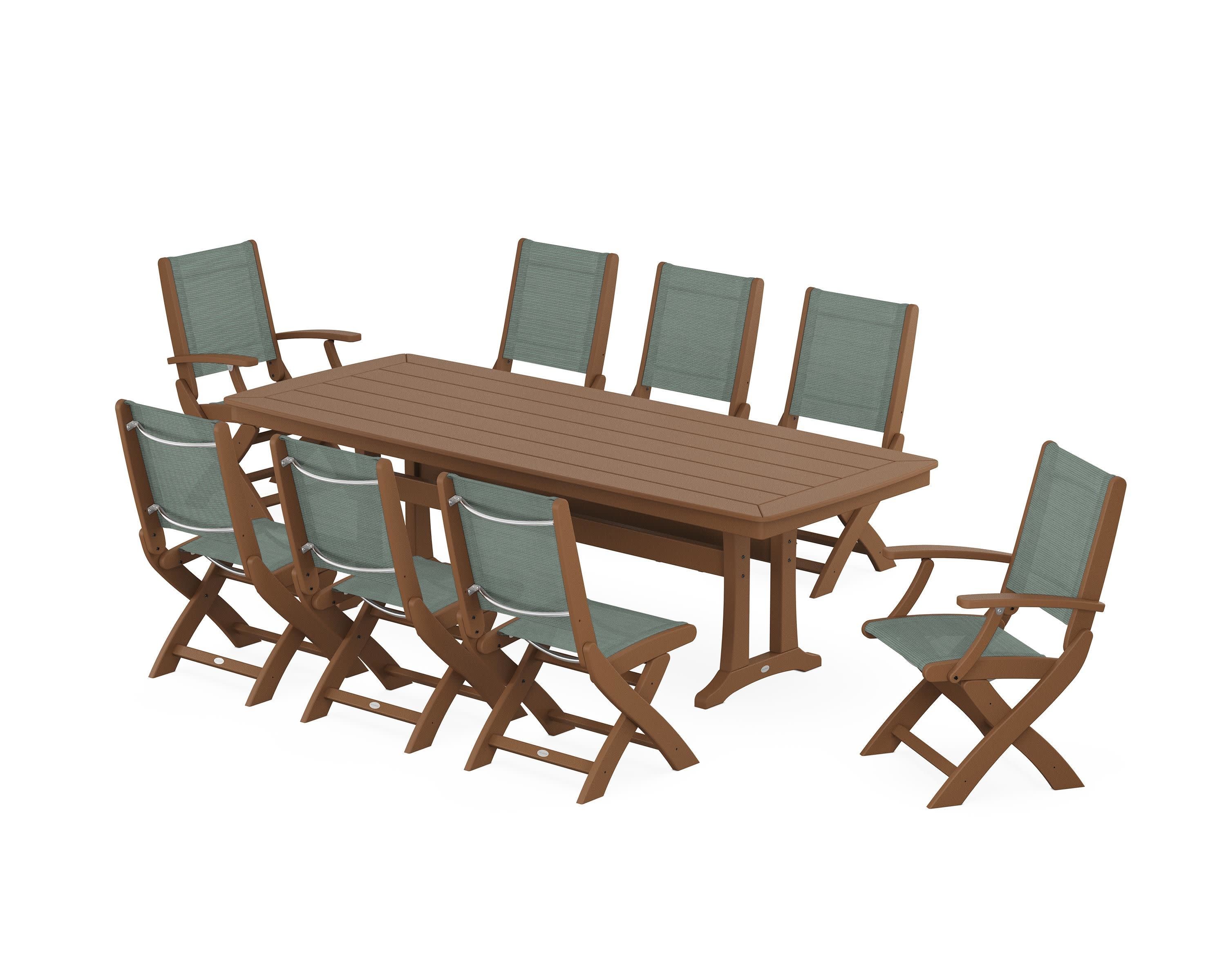 Coastal Folding 9-Piece Dining Set with Trestle Legs in Teak / Dupioni Sea Mist Sling