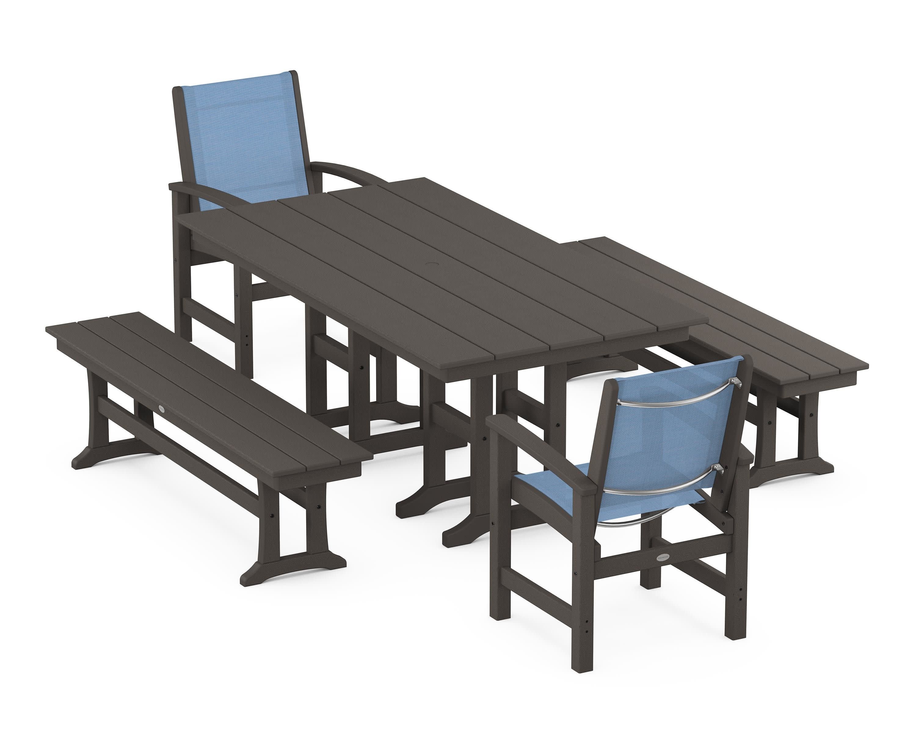 Coastal 5-Piece Farmhouse Dining Set in Vintage Coffee / Poolside Sling