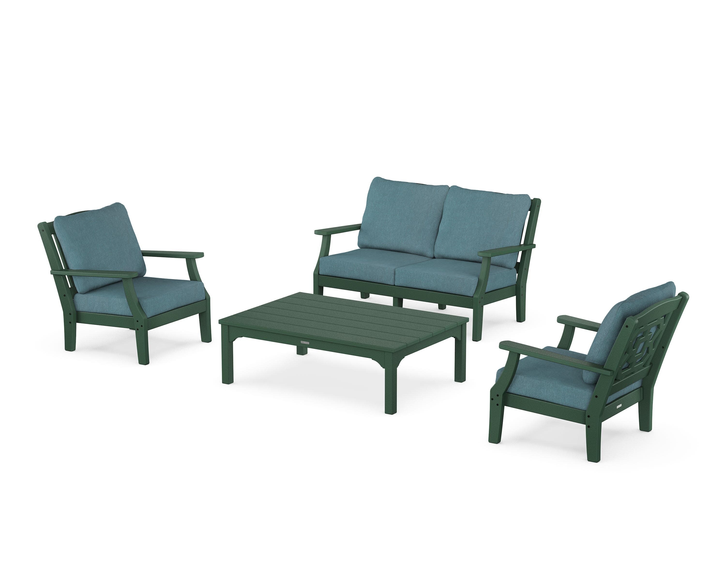 Chinoiserie 4-Piece Deep Seating Set with Loveseat in Green / Ocean Teal