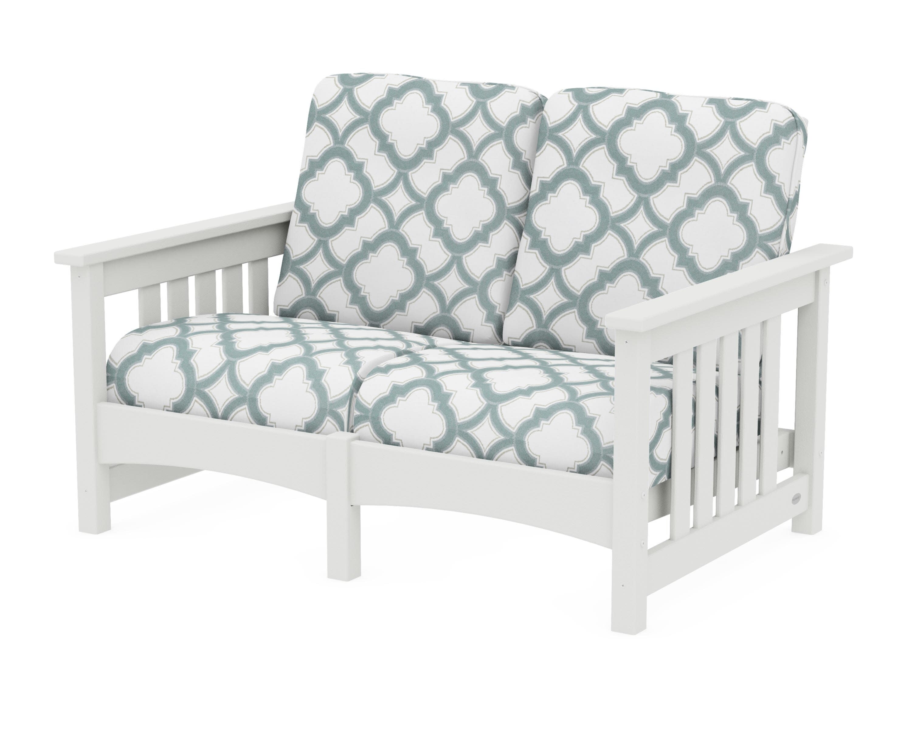 Club Mission Loveseat in Vintage White / Trellis Glacier Spa