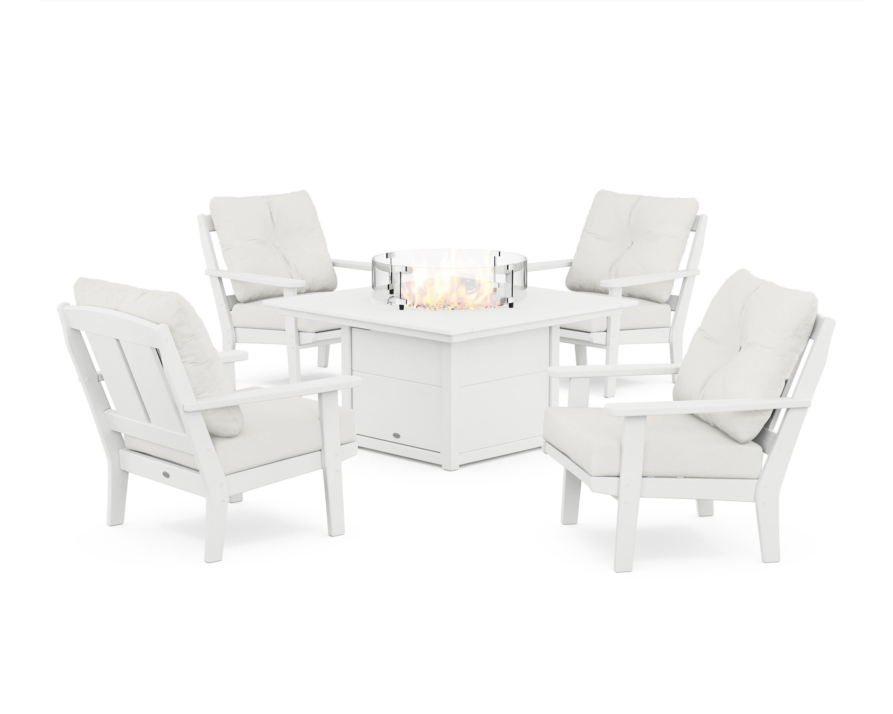 Mission 5-Piece Deep Seating Set with Fire Pit Table in White / Natural Linen