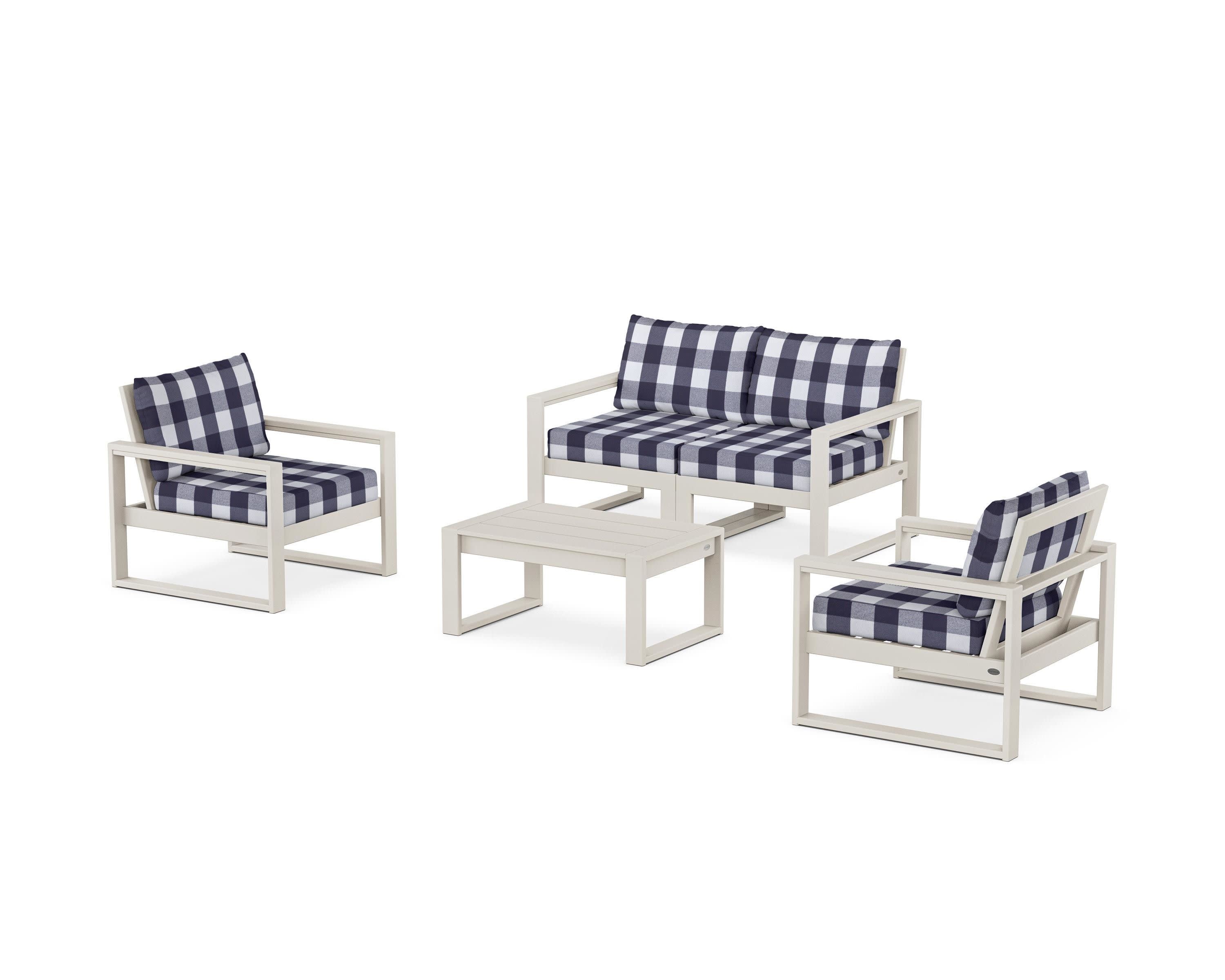 EDGE Sectional 4-Piece Deep Seating Set with Loveseat in Sand / Buffalo Plaid Navy