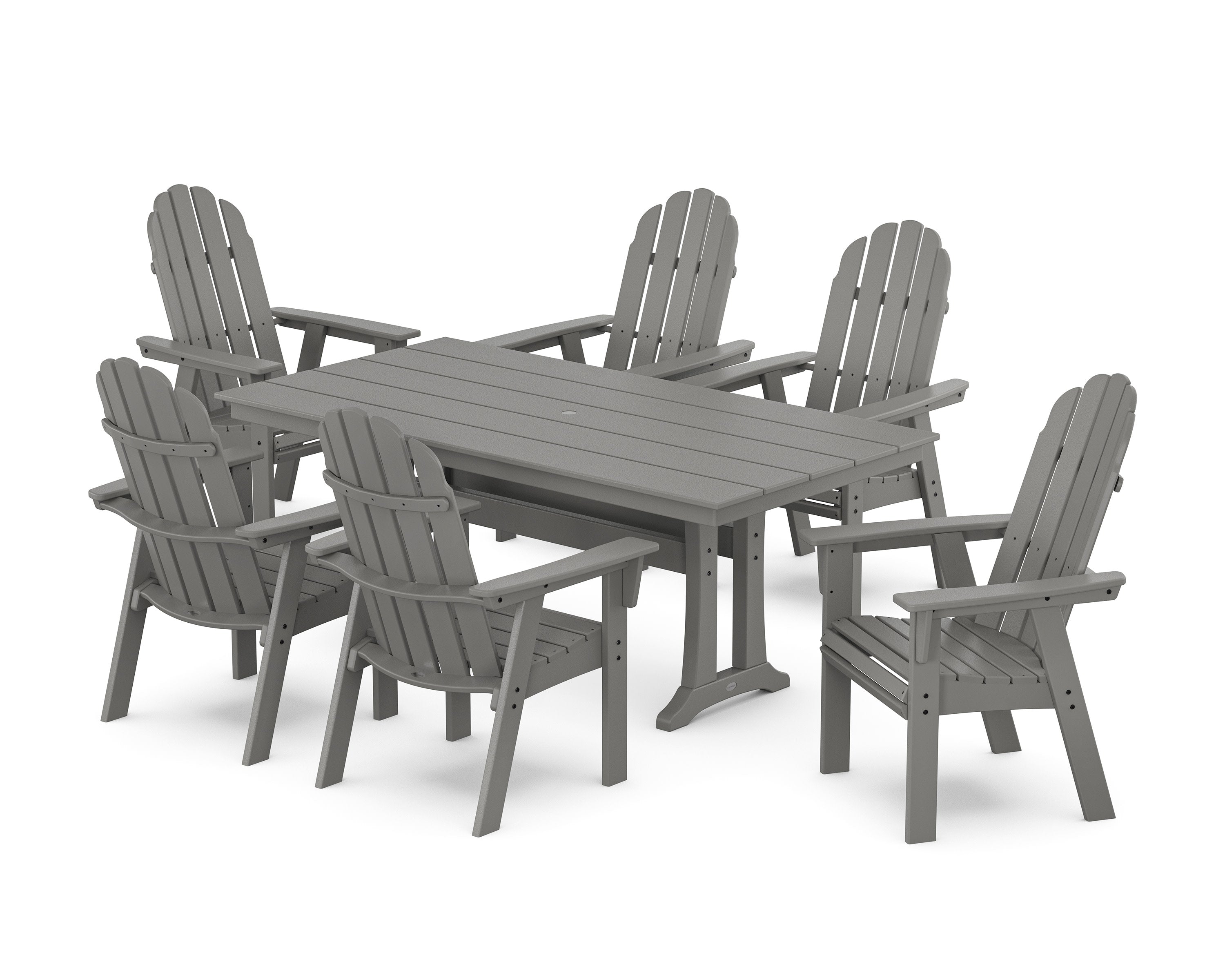 Vineyard Curveback Adirondack Chair 7-Piece Farmhouse Dining Set with Trestle Legs in Slate Grey