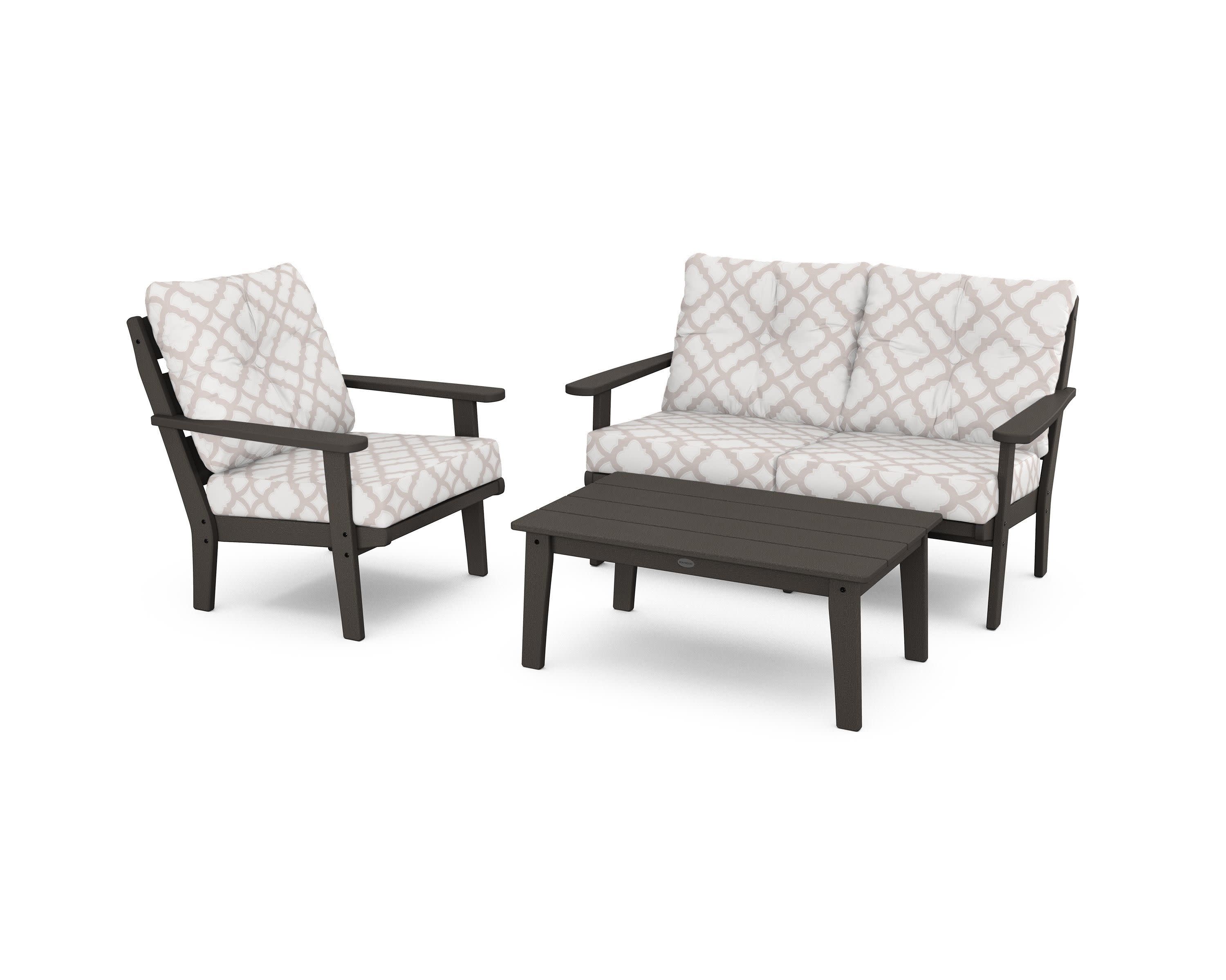 Lakeside 3-Piece Deep Seating Set in Vintage Coffee / Trellis Dune Burlap