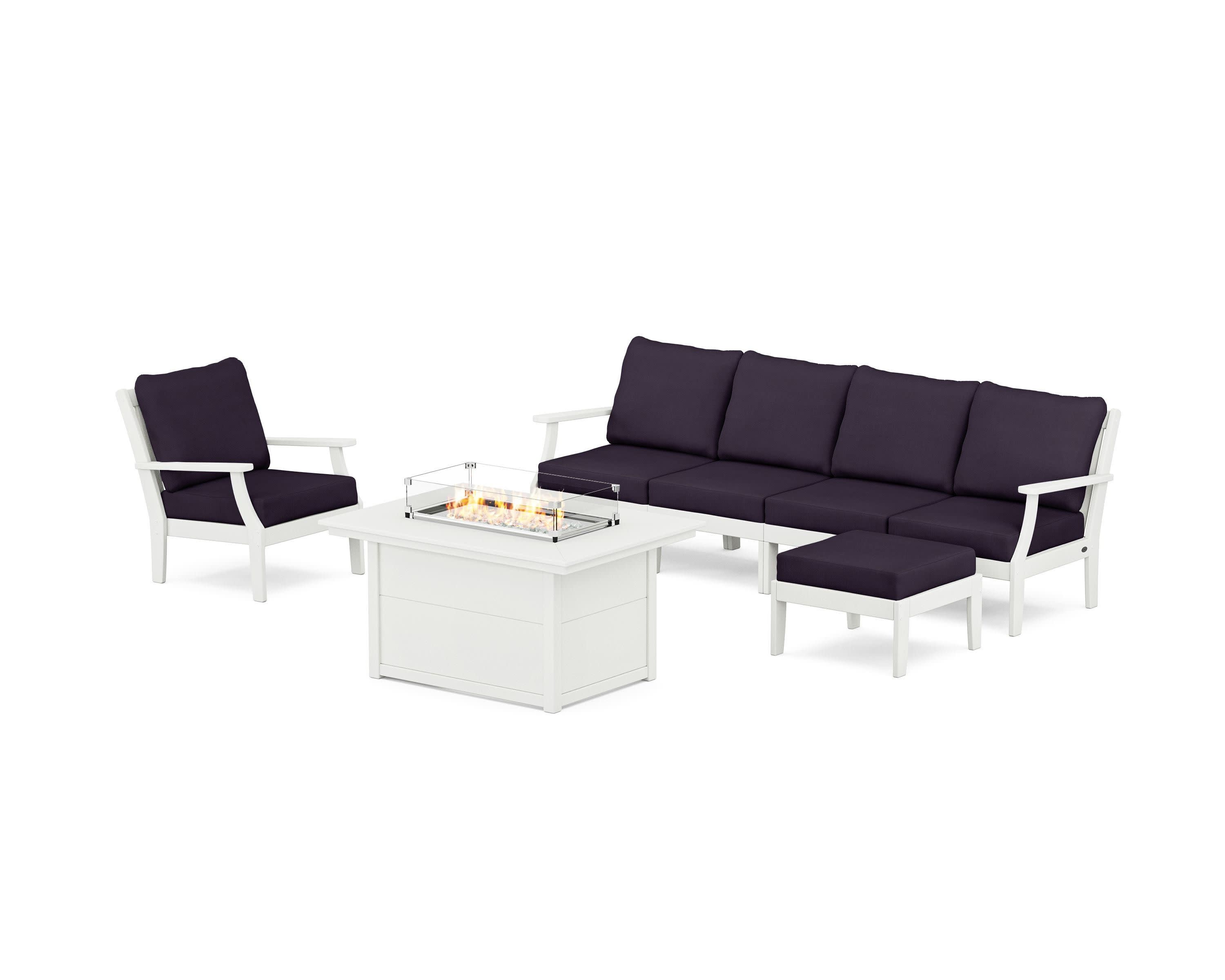 Braxton Sectional Lounge and Fire Pit Set in Vintage White / Navy Linen