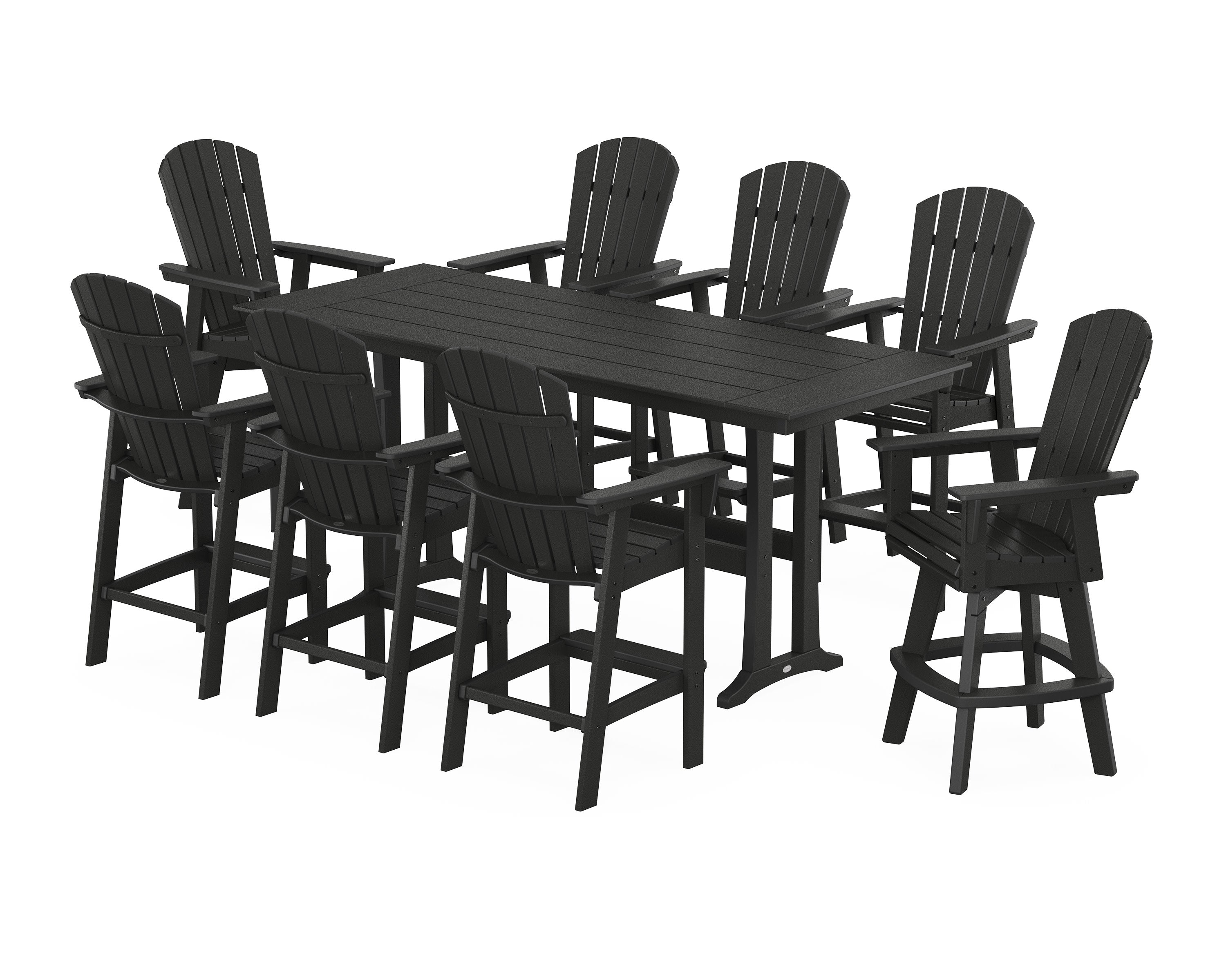 Nautical Curveback Adirondack Swivel Chair 9-Piece Farmhouse Bar Set with Trestle Legs in Black