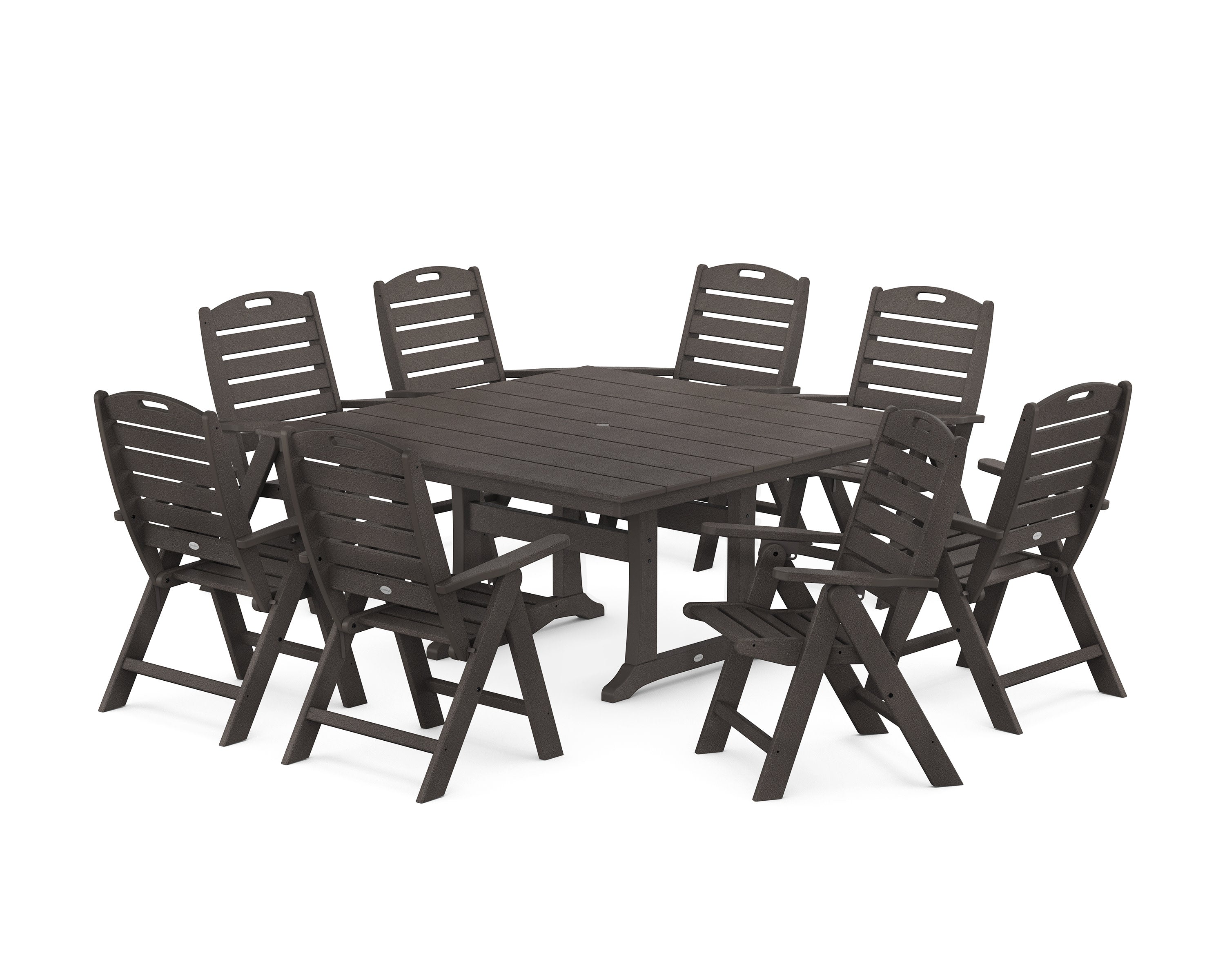 Nautical Highback 9-Piece Square Farmhouse Dining Set with Trestle Legs in Vintage Coffee