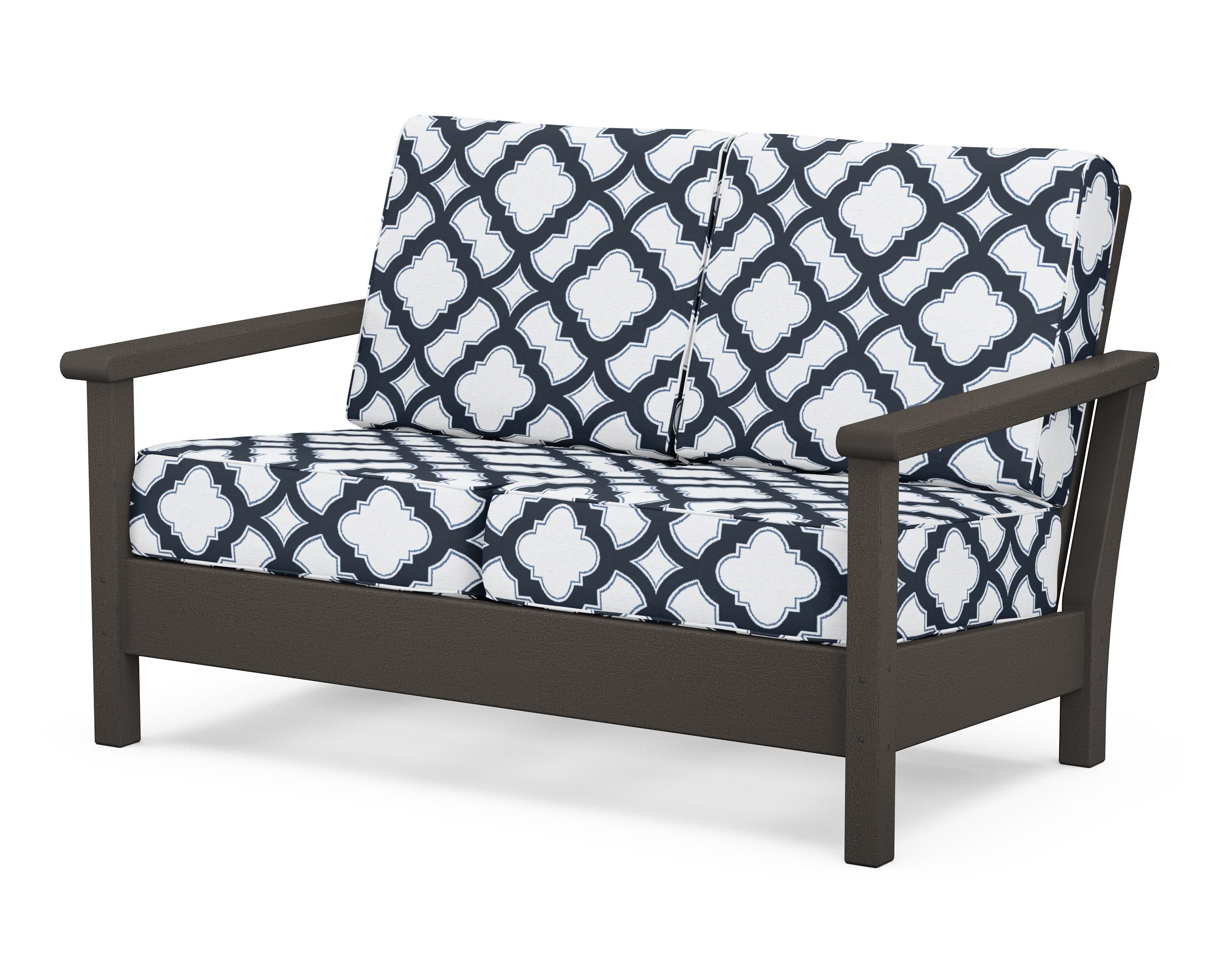 Harbour Deep Seating Loveseat in Vintage Coffee / Trellis Marine Indigo