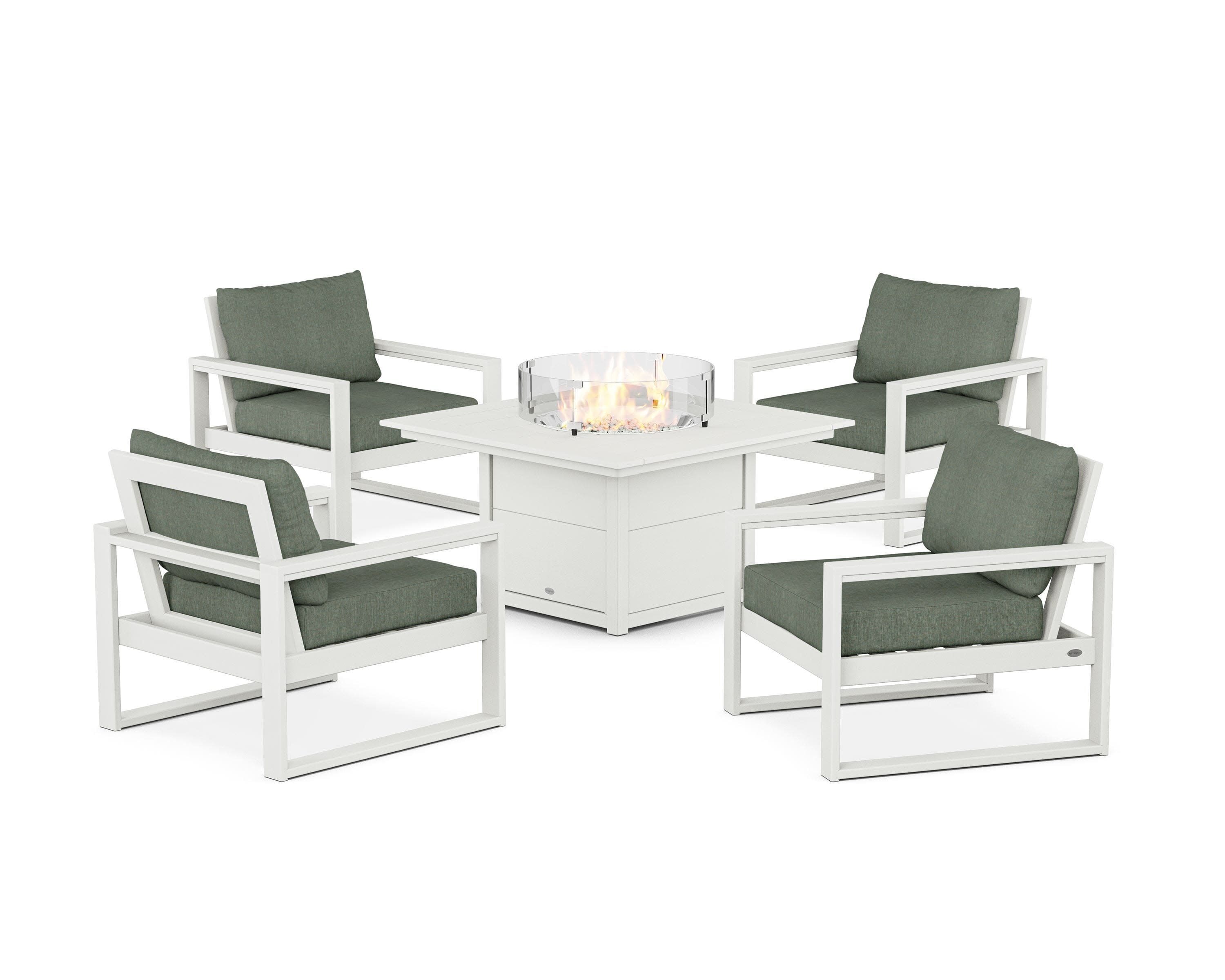 EDGE Sectional 5-Piece Deep Seating Set with Fire Pit Table in Vintage White / Cast Sage
