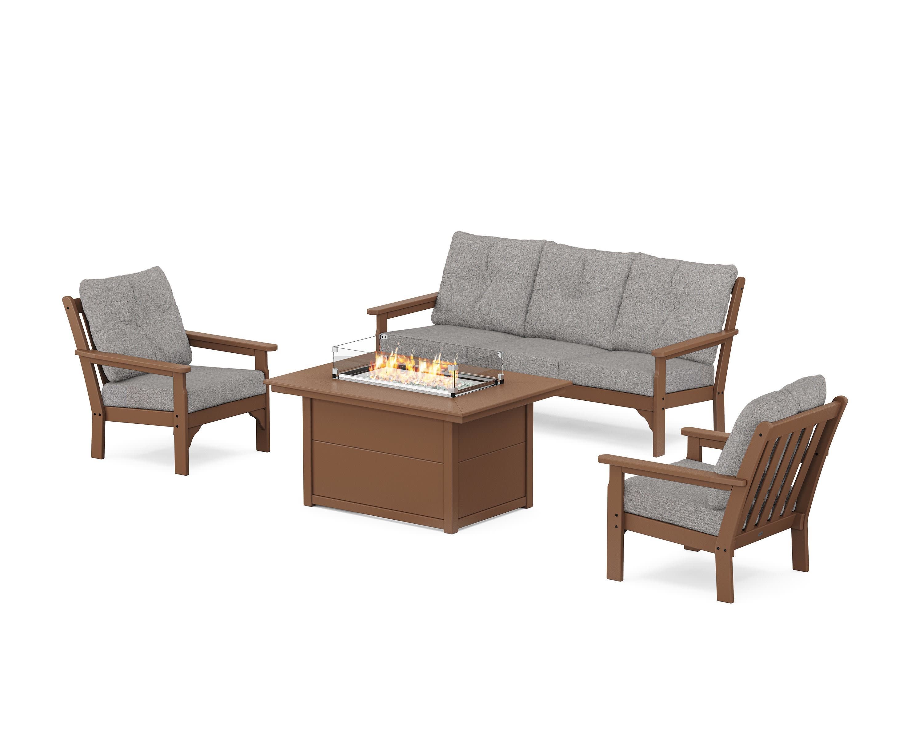 Vineyard Deep Seating Fire Pit Table Set in Teak / Grey Mist