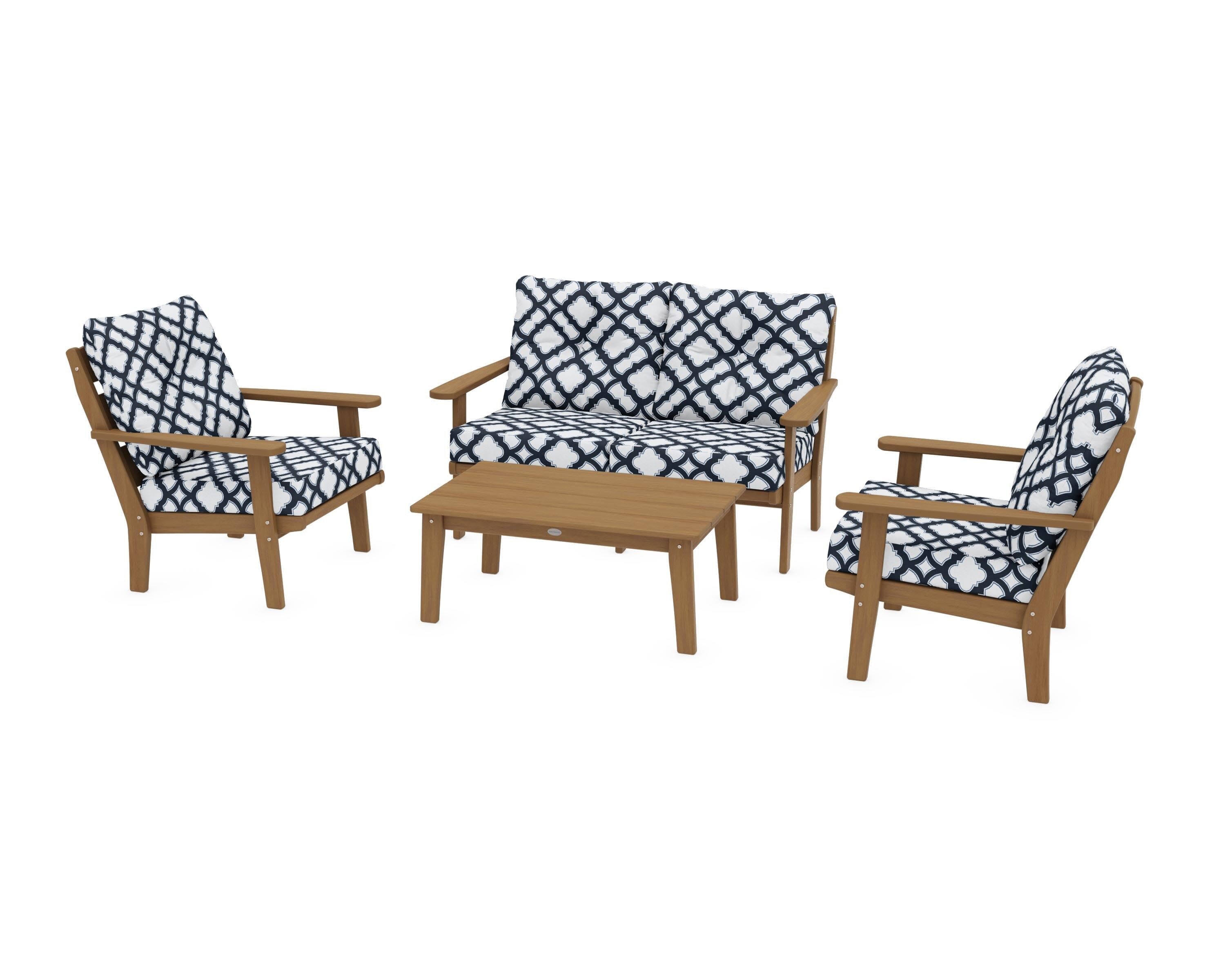 Lakeside 4-Piece Deep Seating Set in Natural / Trellis Marine Indigo