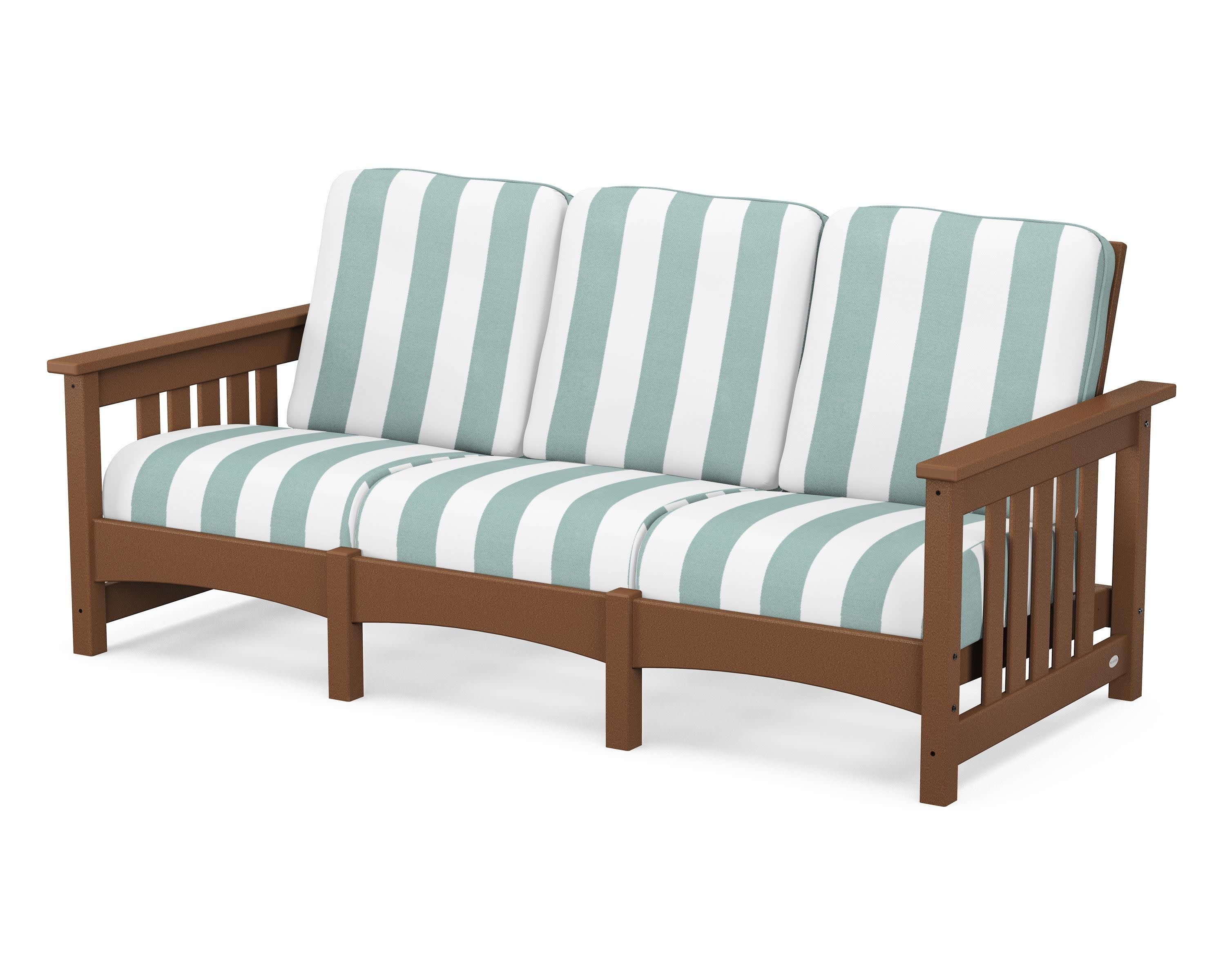 Club Mission Sofa in Teak / Cabana Stripe Glacier Spa