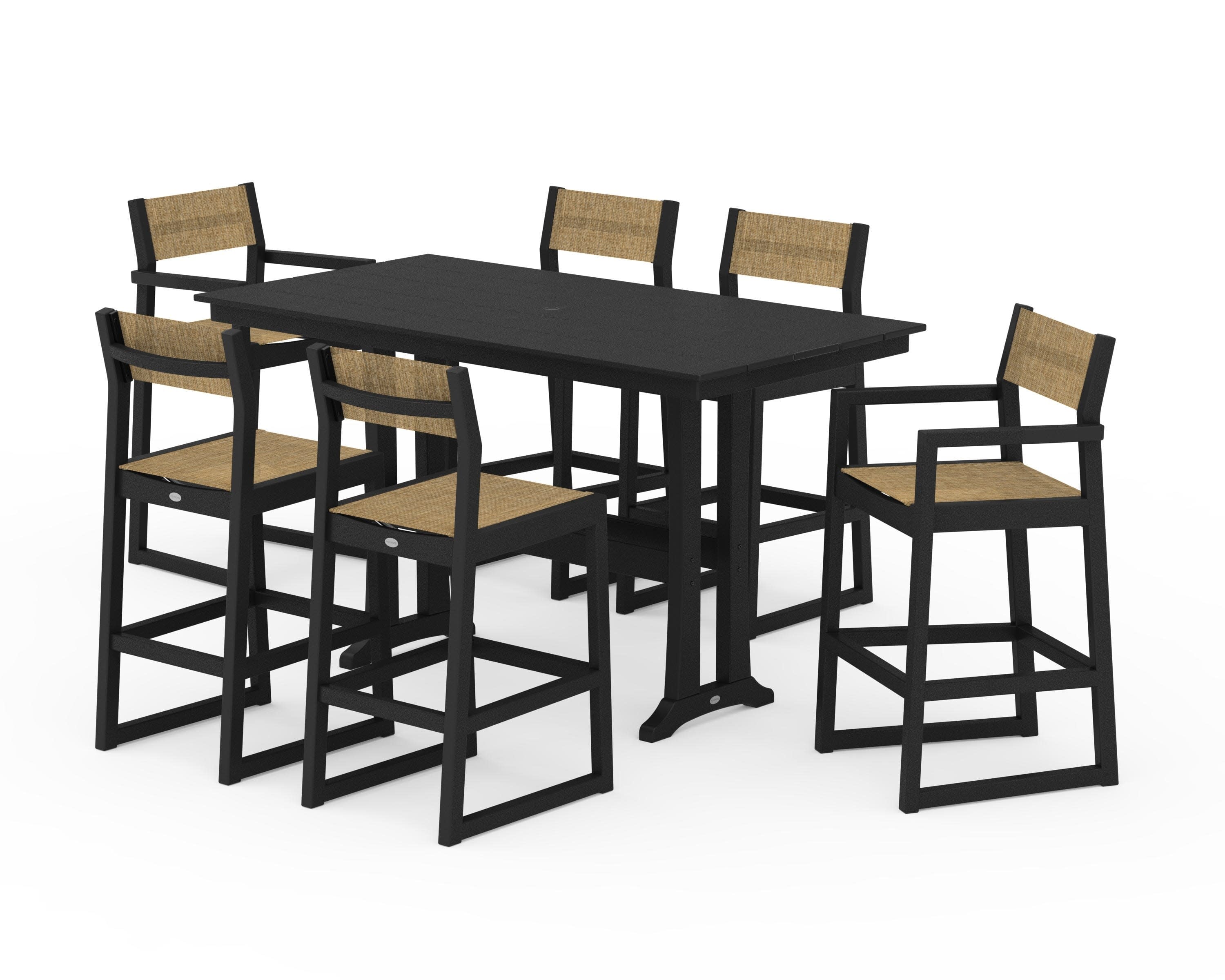 EDGE Sling 7-Piece Farmhouse Bar Set with Trestle Legs in Black / Burlap Sling