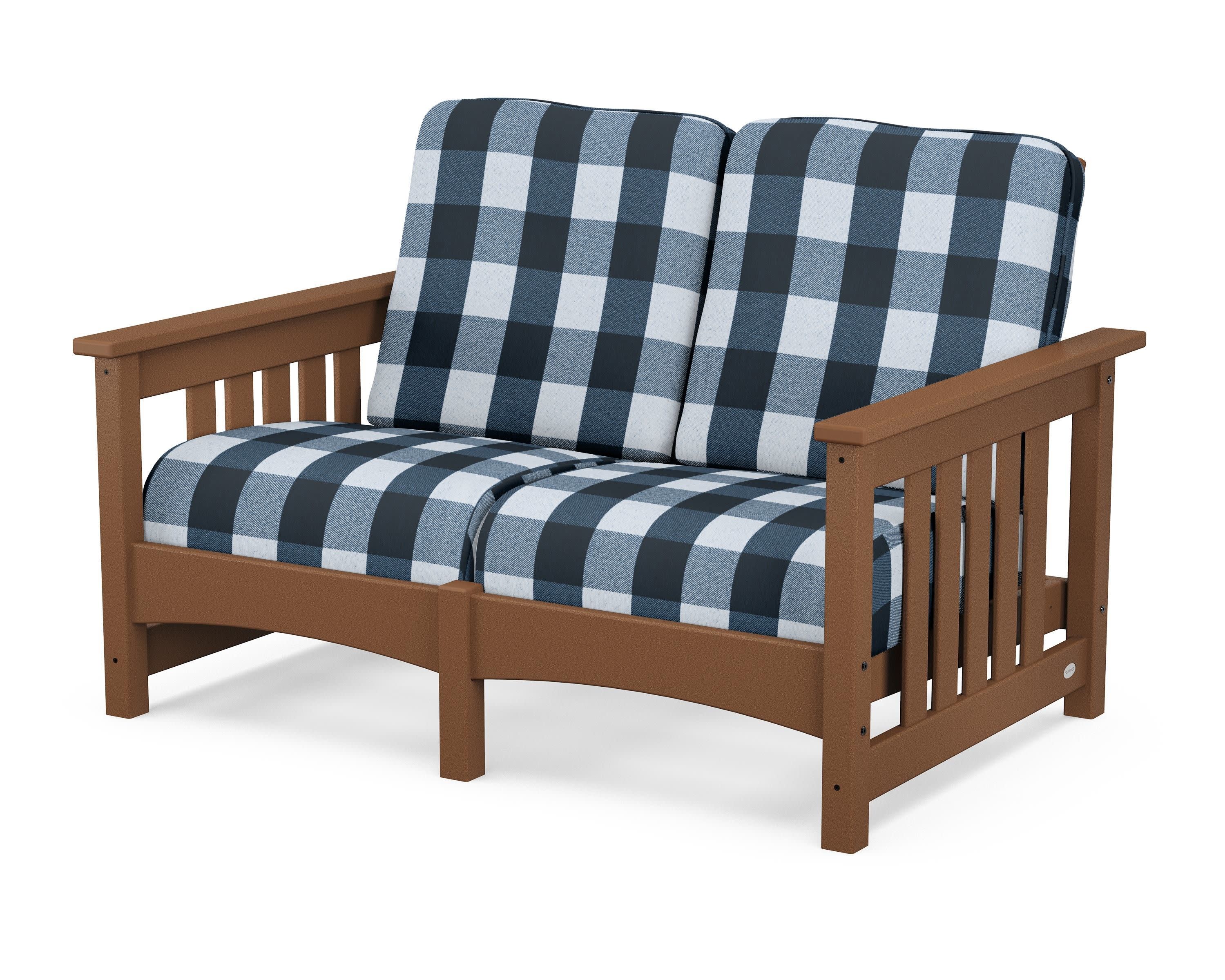 Club Mission Loveseat in Teak / Buffalo Plaid Marine Indigo