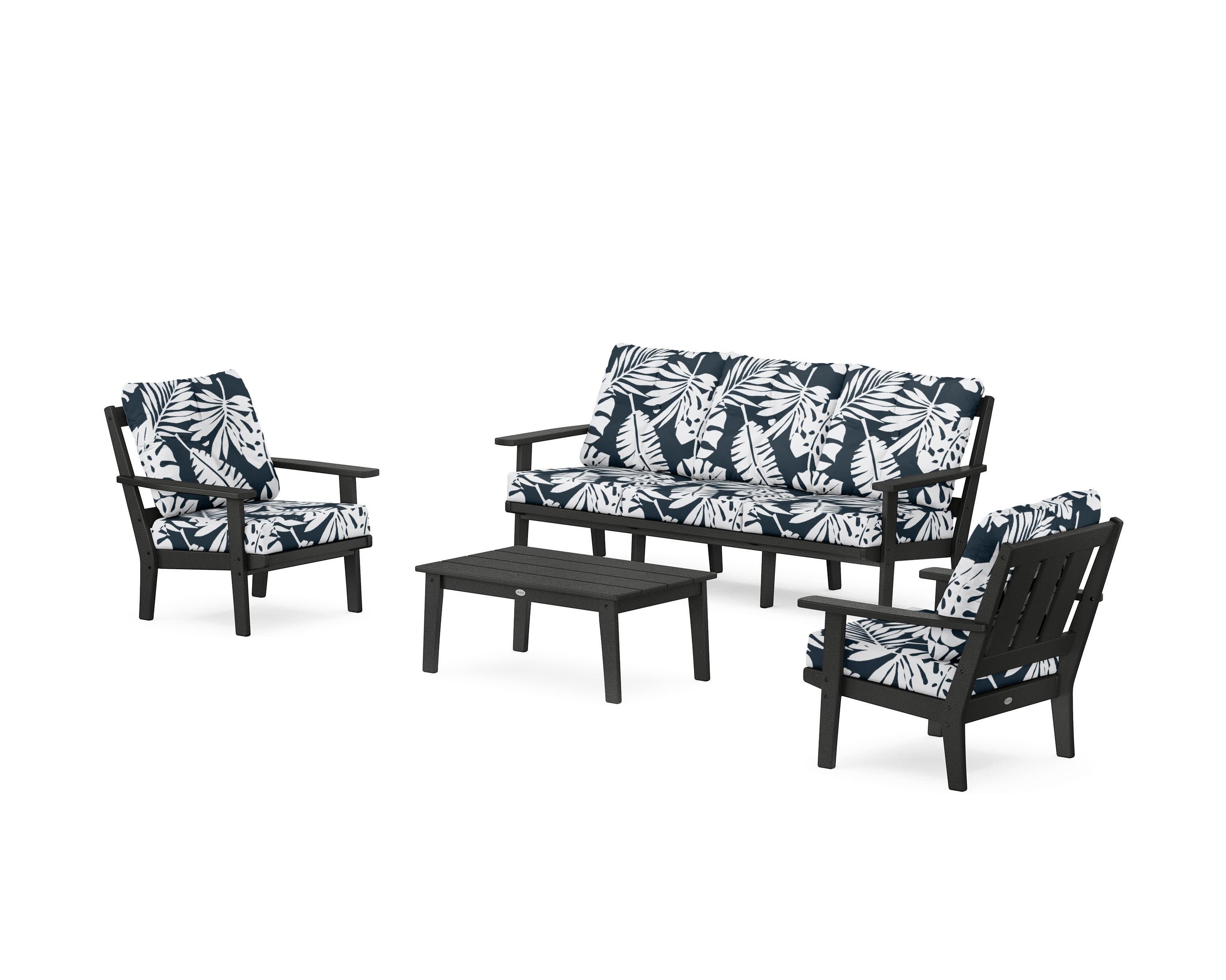 Oxford 4-Piece Deep Seating Set with Sofa in Black / Leaf Marine Indigo