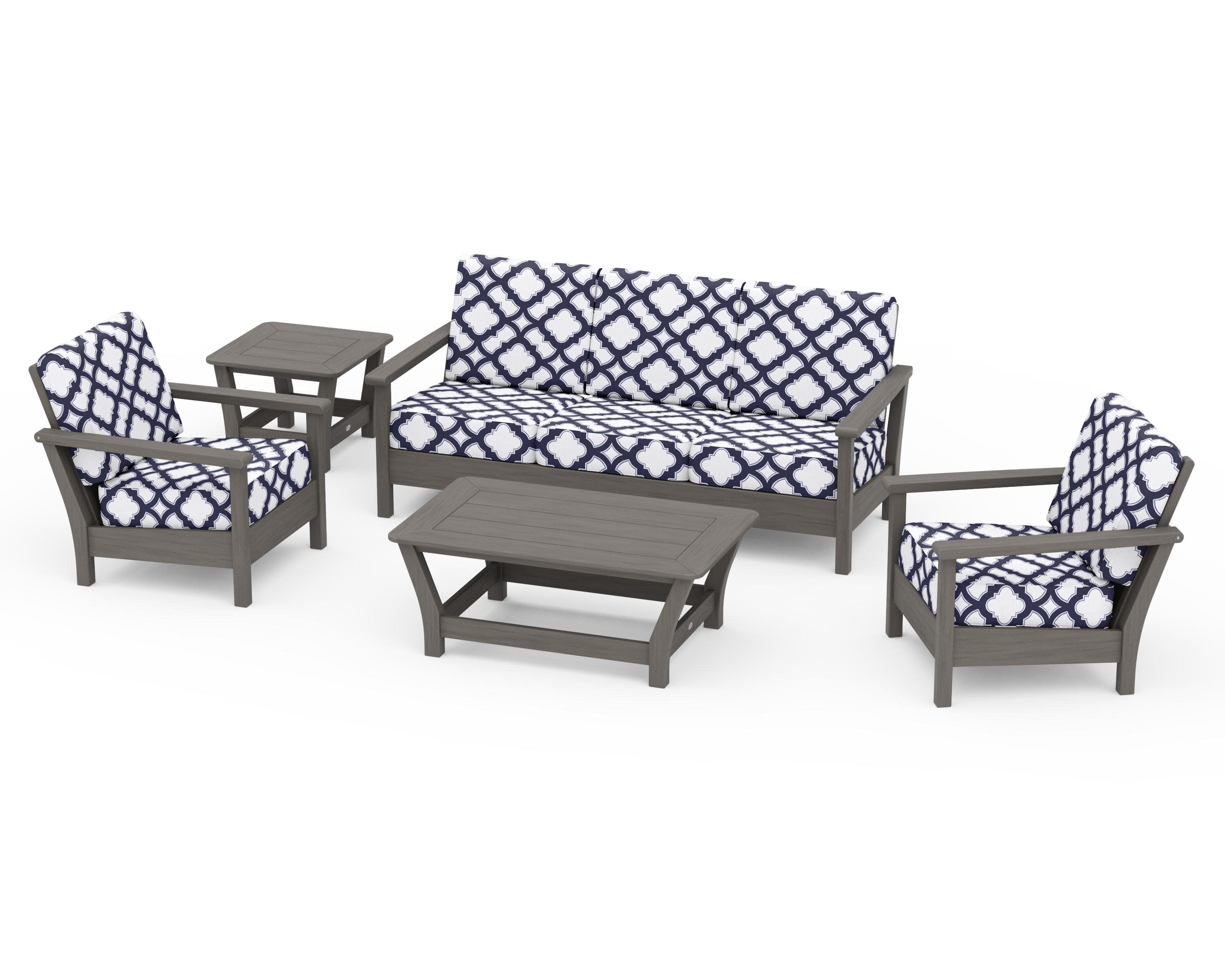 Harbour 5-Piece Deep Seating Set in Driftwood / Trellis Navy