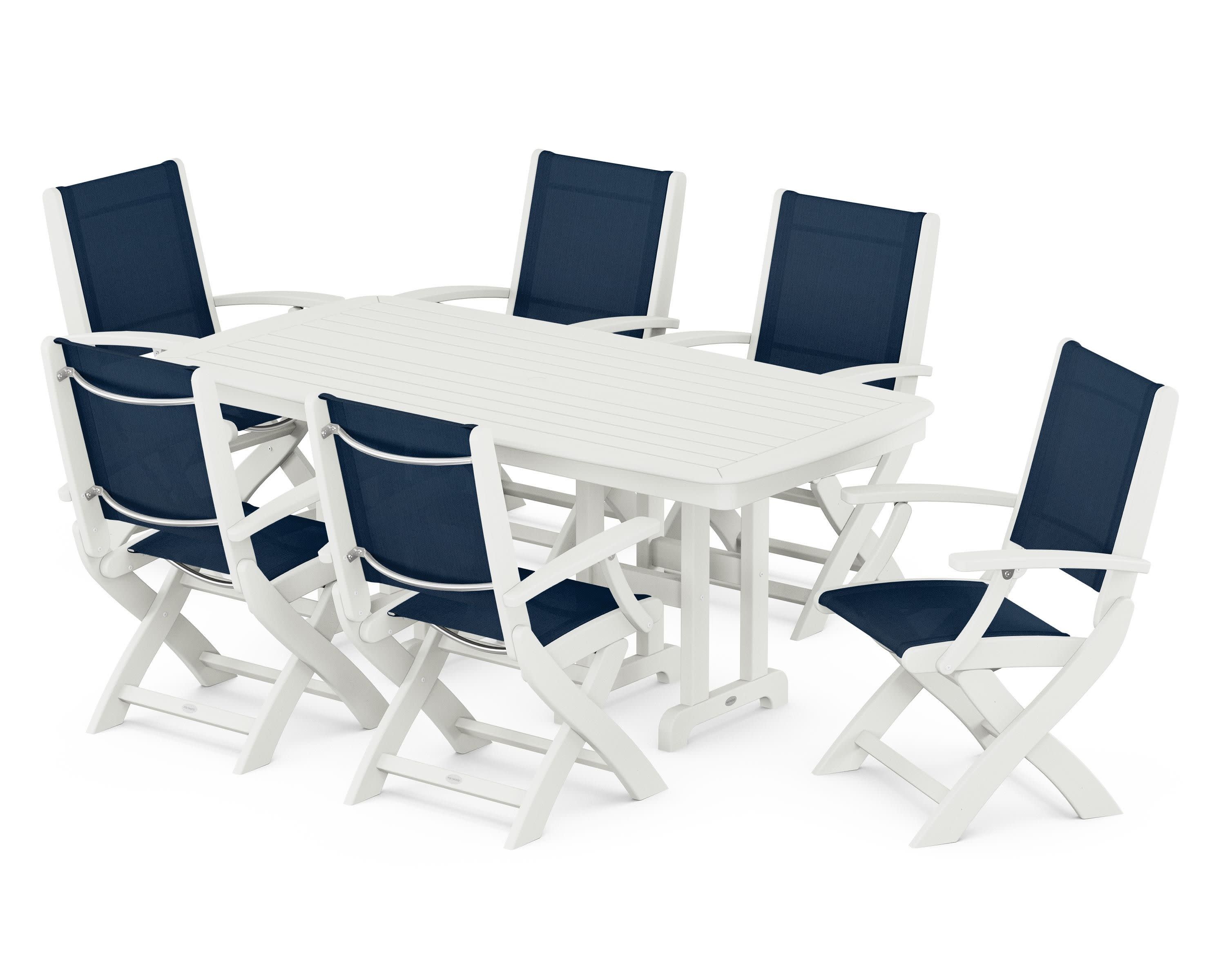Coastal Folding Arm Chair 7-Piece Dining Set in Vintage White / Navy Blue Sling