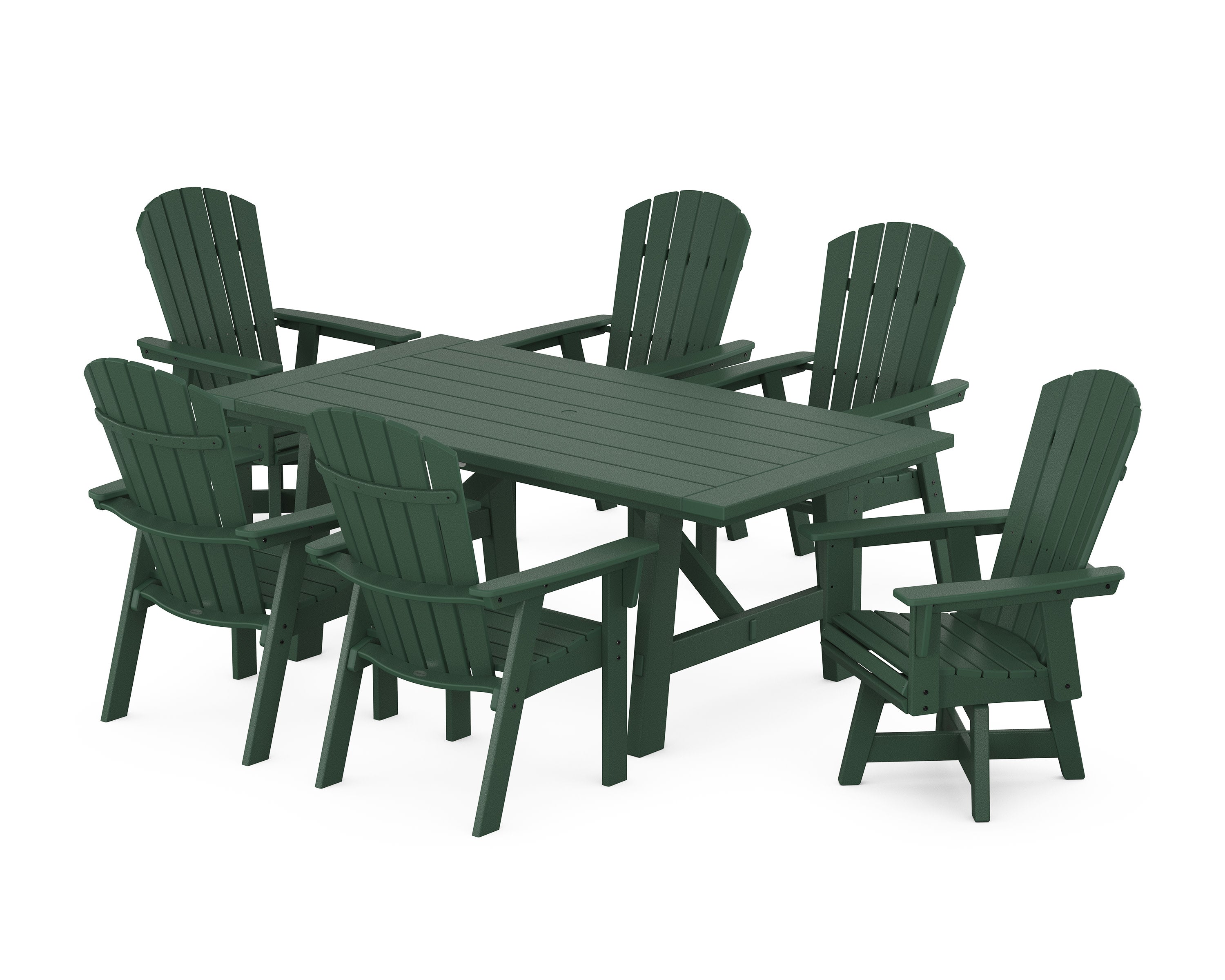 Nautical Curveback Adirondack Swivel Chair 7-Piece Rustic Farmhouse Dining Set in Green