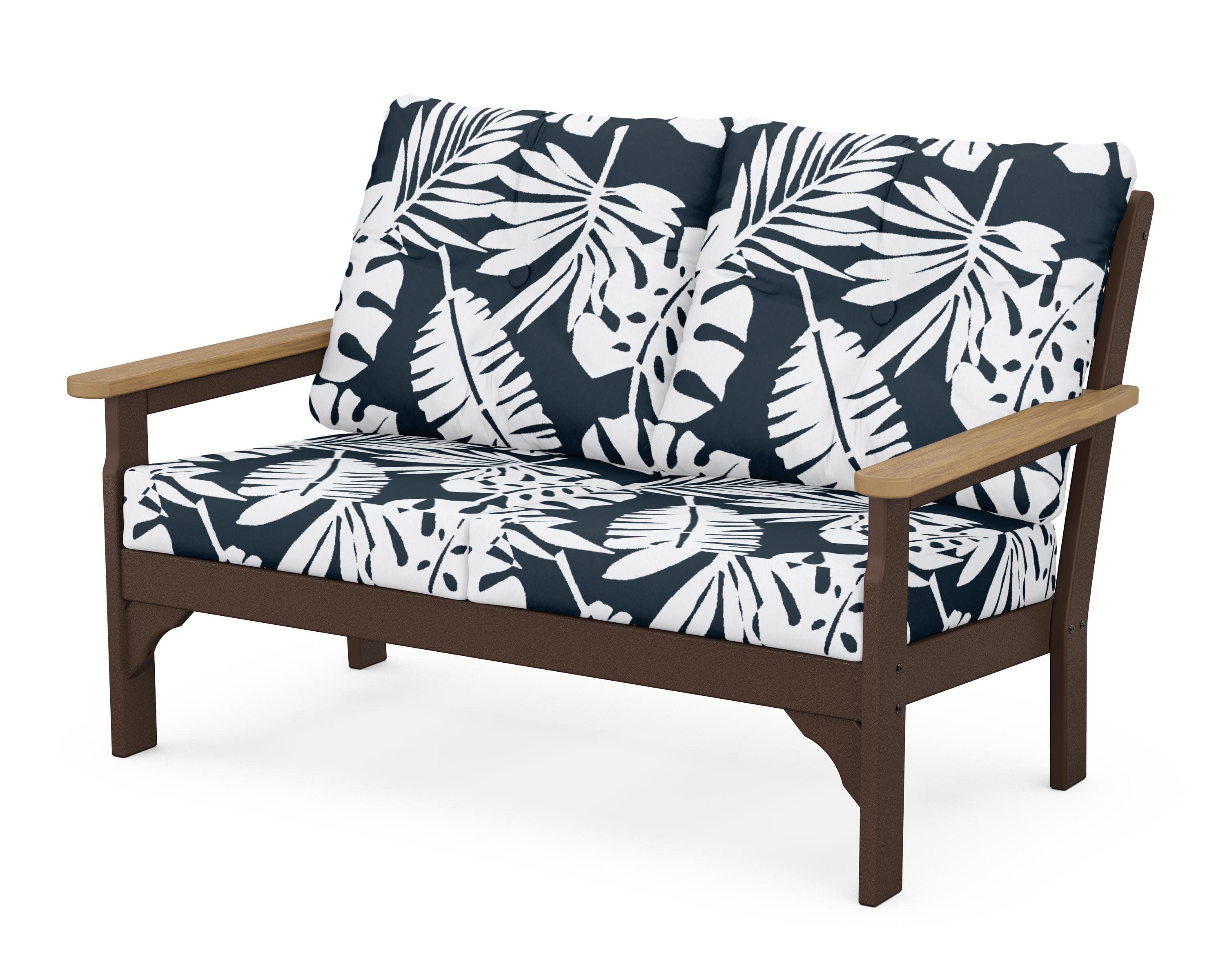Vineyard Deep Seating Loveseat in Mahogany / Natural / Leaf Marine Indigo