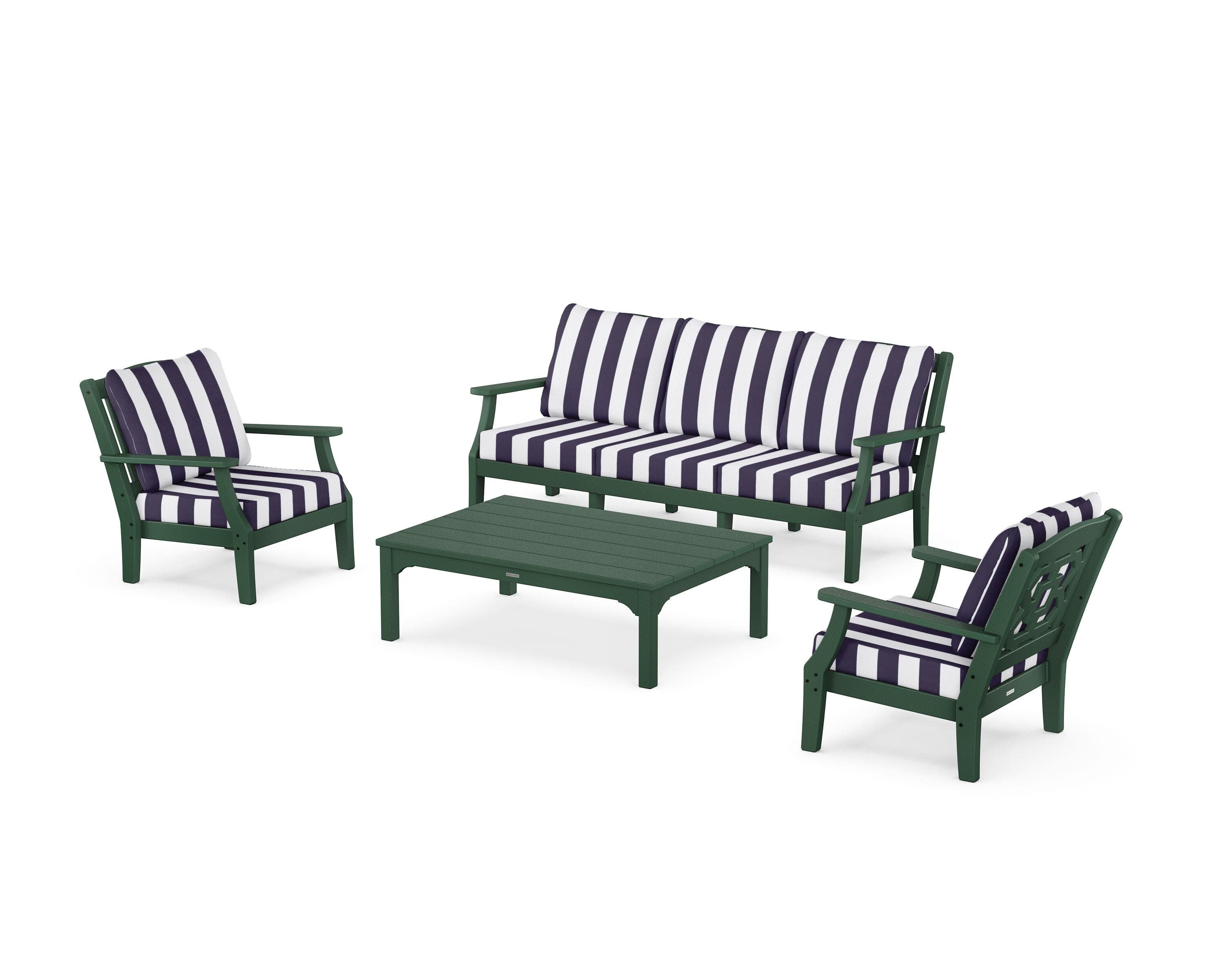 Chinoiserie 4-Piece Deep Seating Set with Sofa in Green / Cabana Stripe Navy