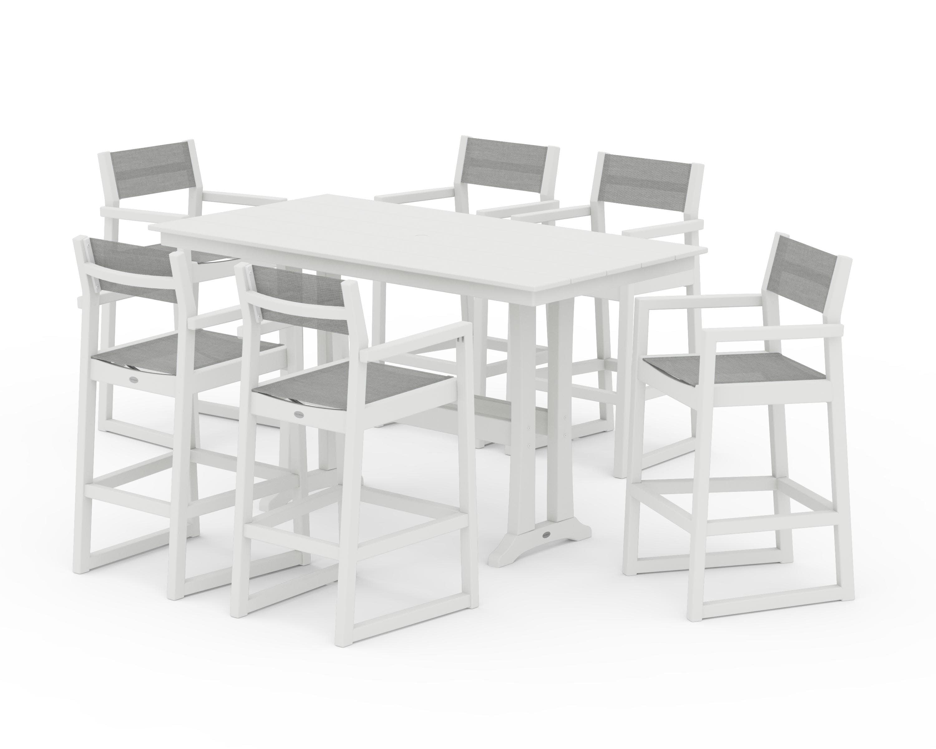 EDGE Sling Arm Chair 7-Piece Farmhouse Bar Set with Trestle Legs in Vintage White / Metallic Sling