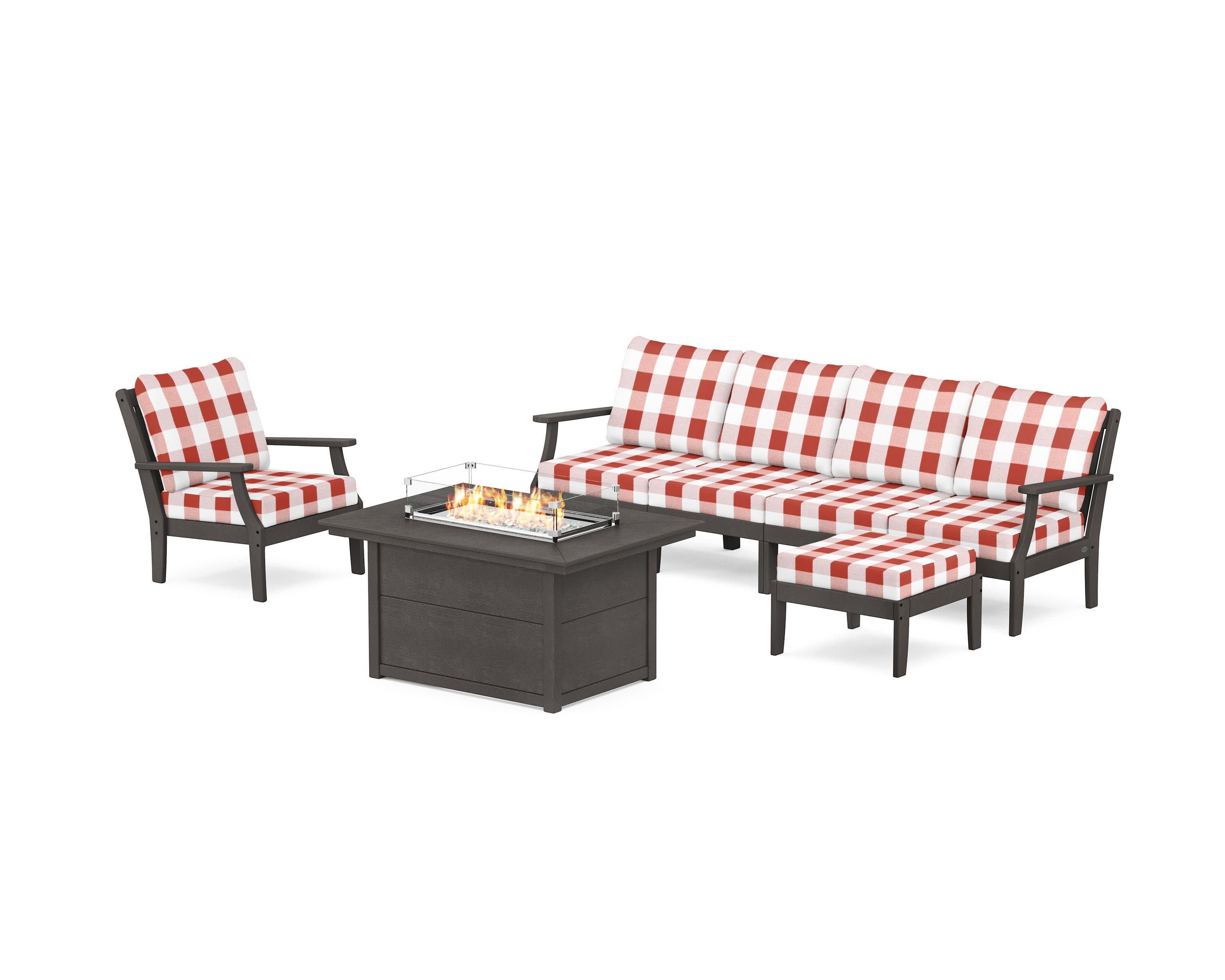 Braxton Sectional Lounge and Fire Pit Set in Vintage Coffee / Buffalo Plaid Crimson