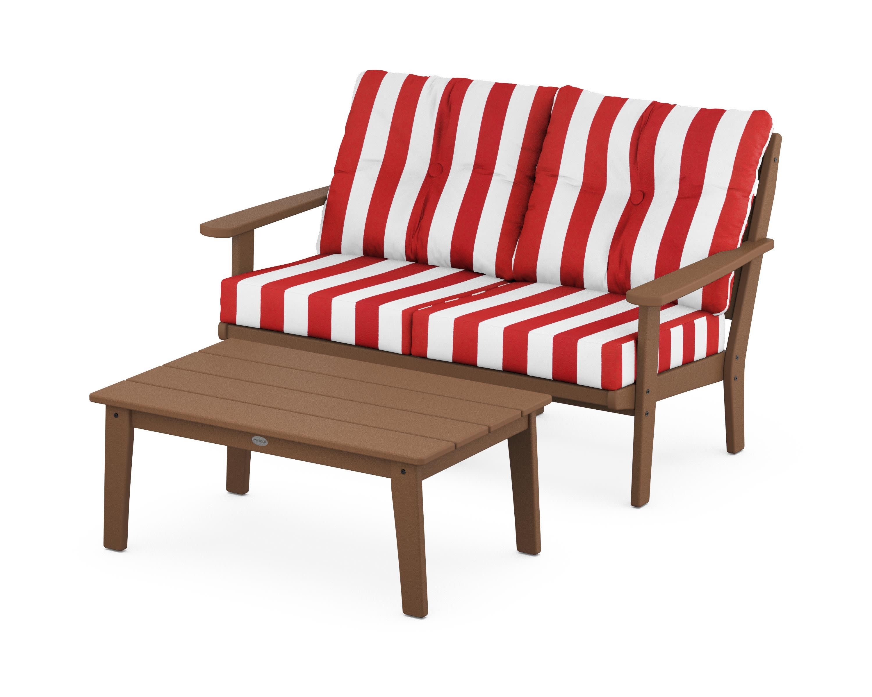 Lakeside 2-Piece Lounge Loveseat Set in Teak / Cabana Stripe Crimson