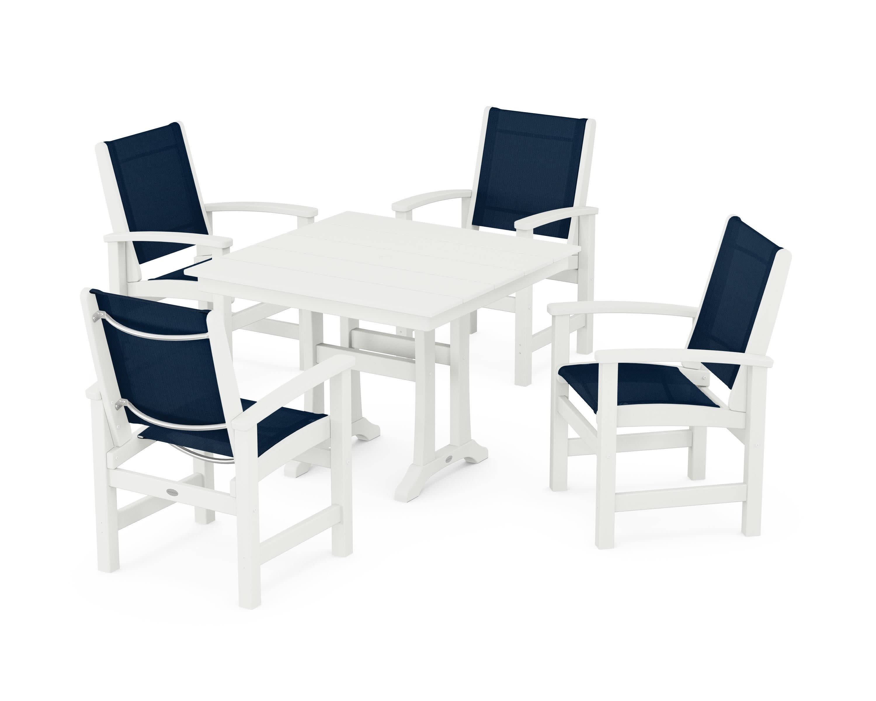 Coastal 5-Piece Farmhouse Dining Set With Trestle Legs in Vintage White / Navy Blue Sling